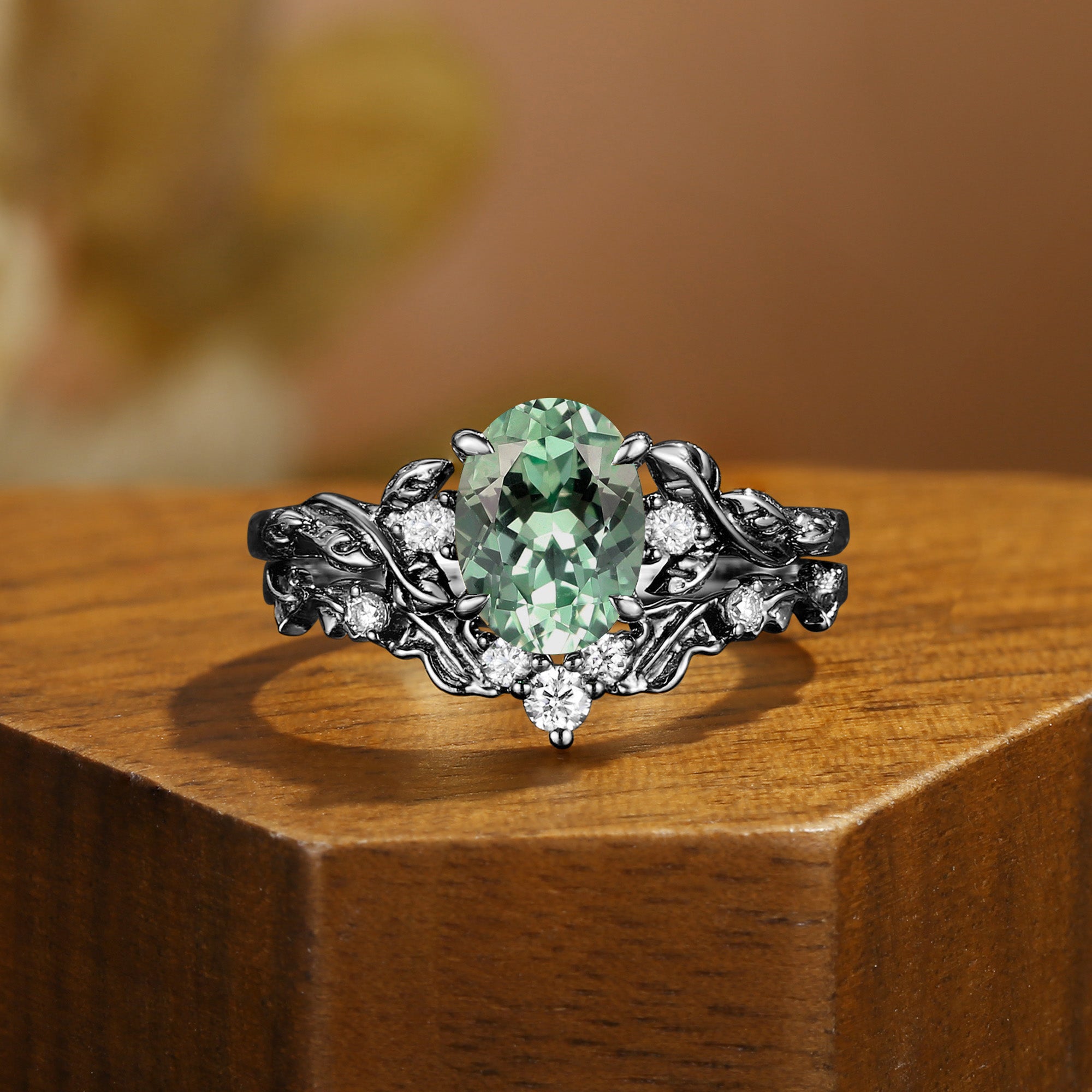 Eden - Oval Cut Lab Mint Green Sapphire Leaf Branch Engagement Ring Set 2pcs