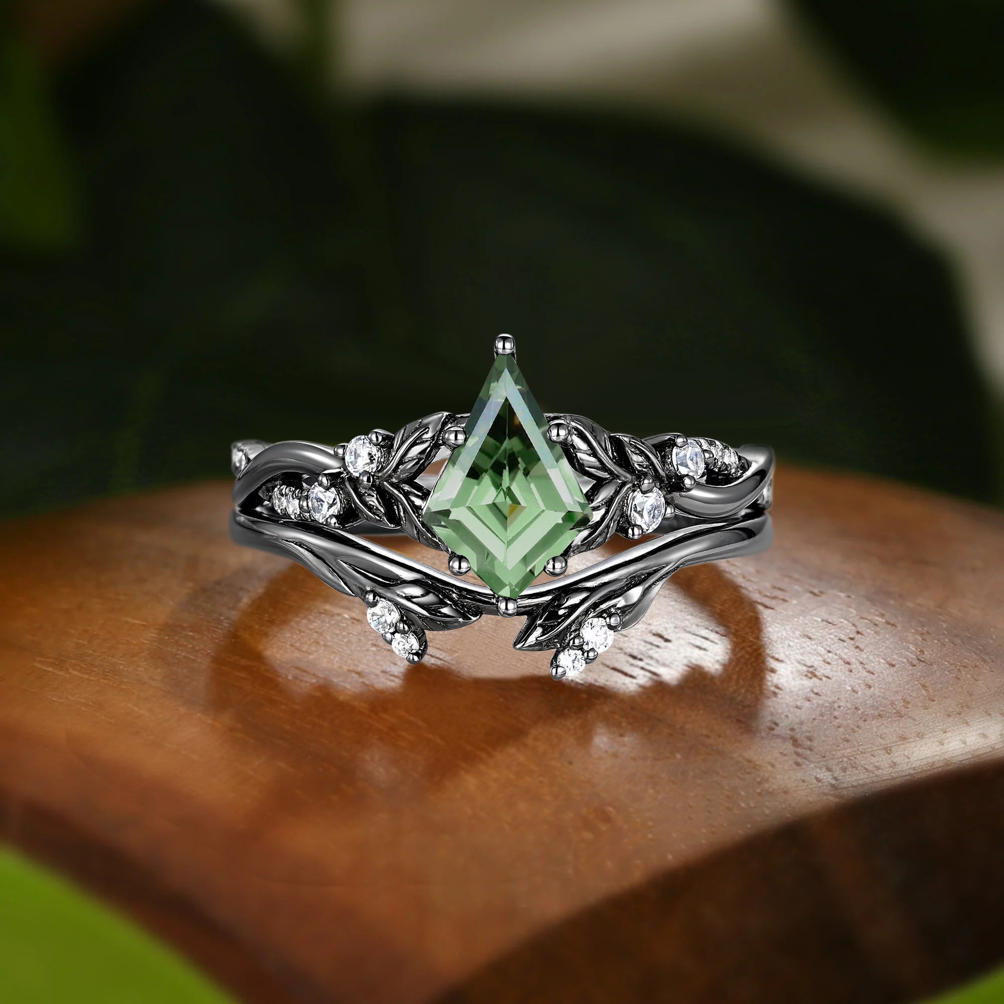 Faye - Unique Kite Cut Green Sapphire Leafy Fairy Bridal Sets 2pcs