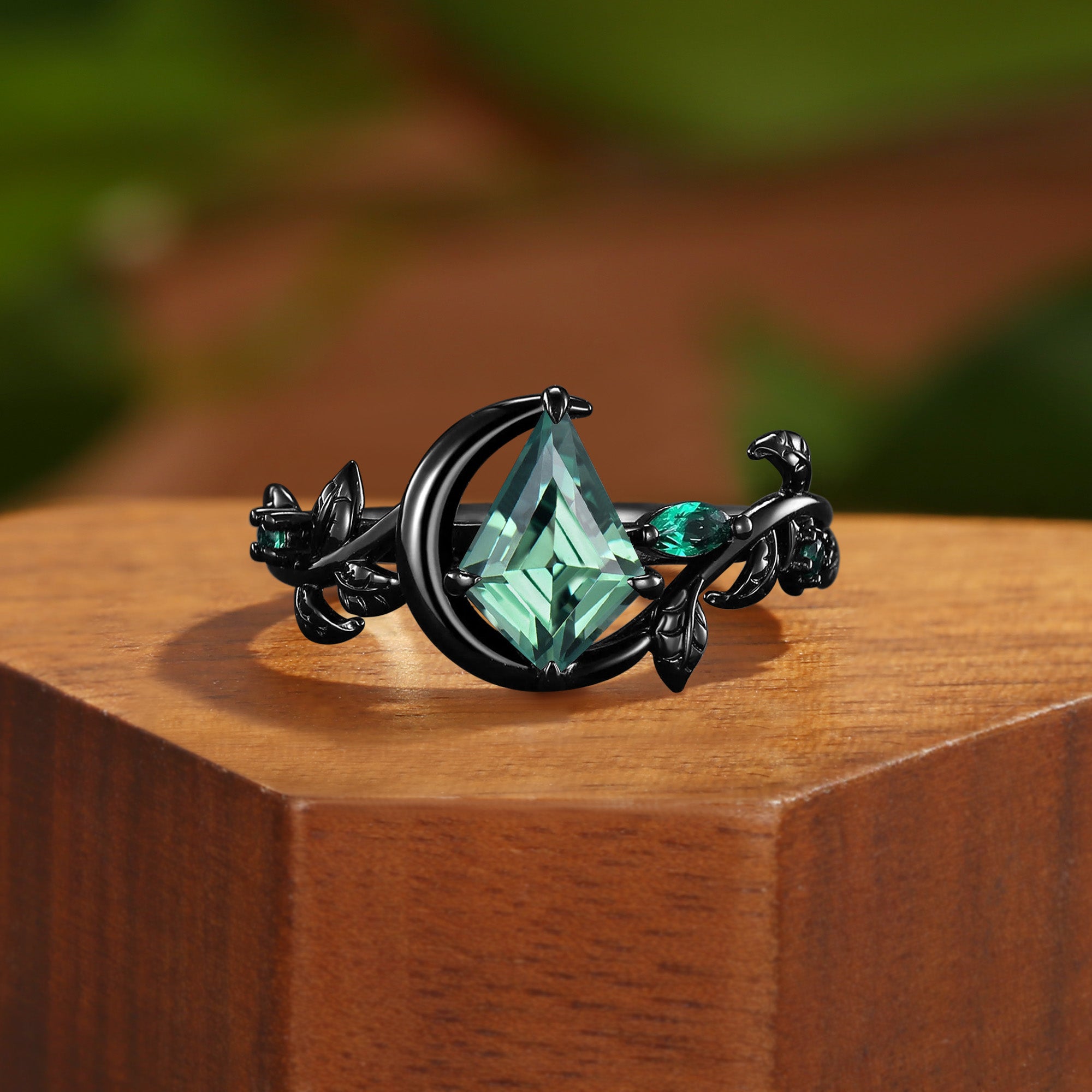 Helene - 1.5CT Kite Cut Lab Green Sapphire Moon And Leaf Engagement Ring