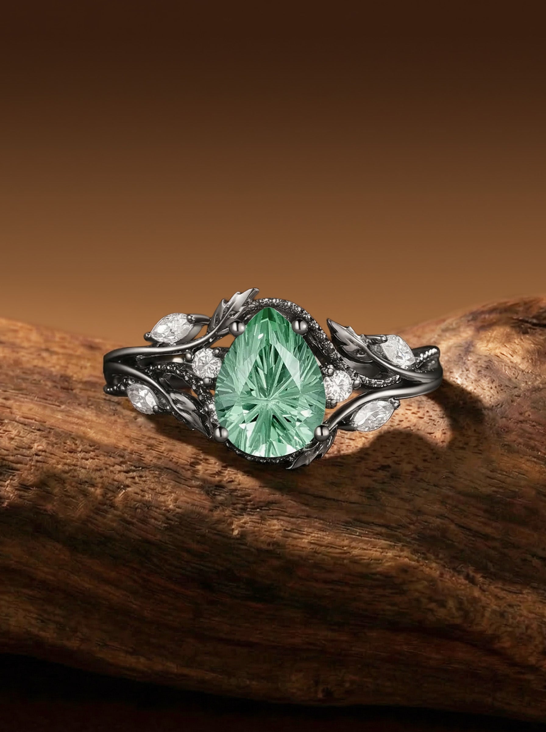 Hesper - Filigree Leafy Pear Firework Cut Green Sapphire Engagement Ring