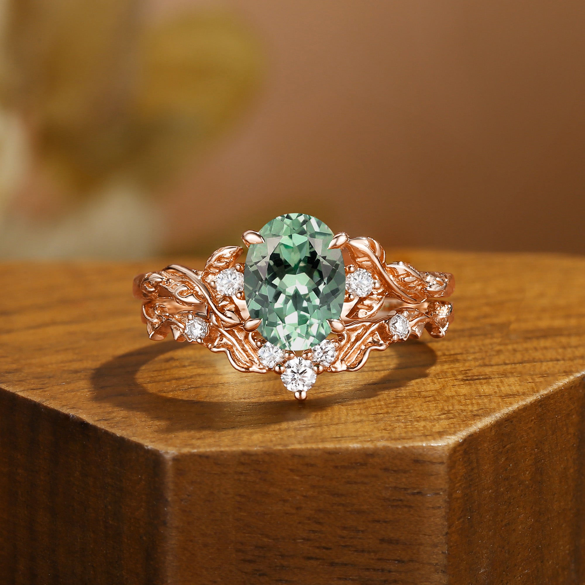 Eden - Oval Cut Lab Mint Green Sapphire Leaf Branch Engagement Ring Set 2pcs