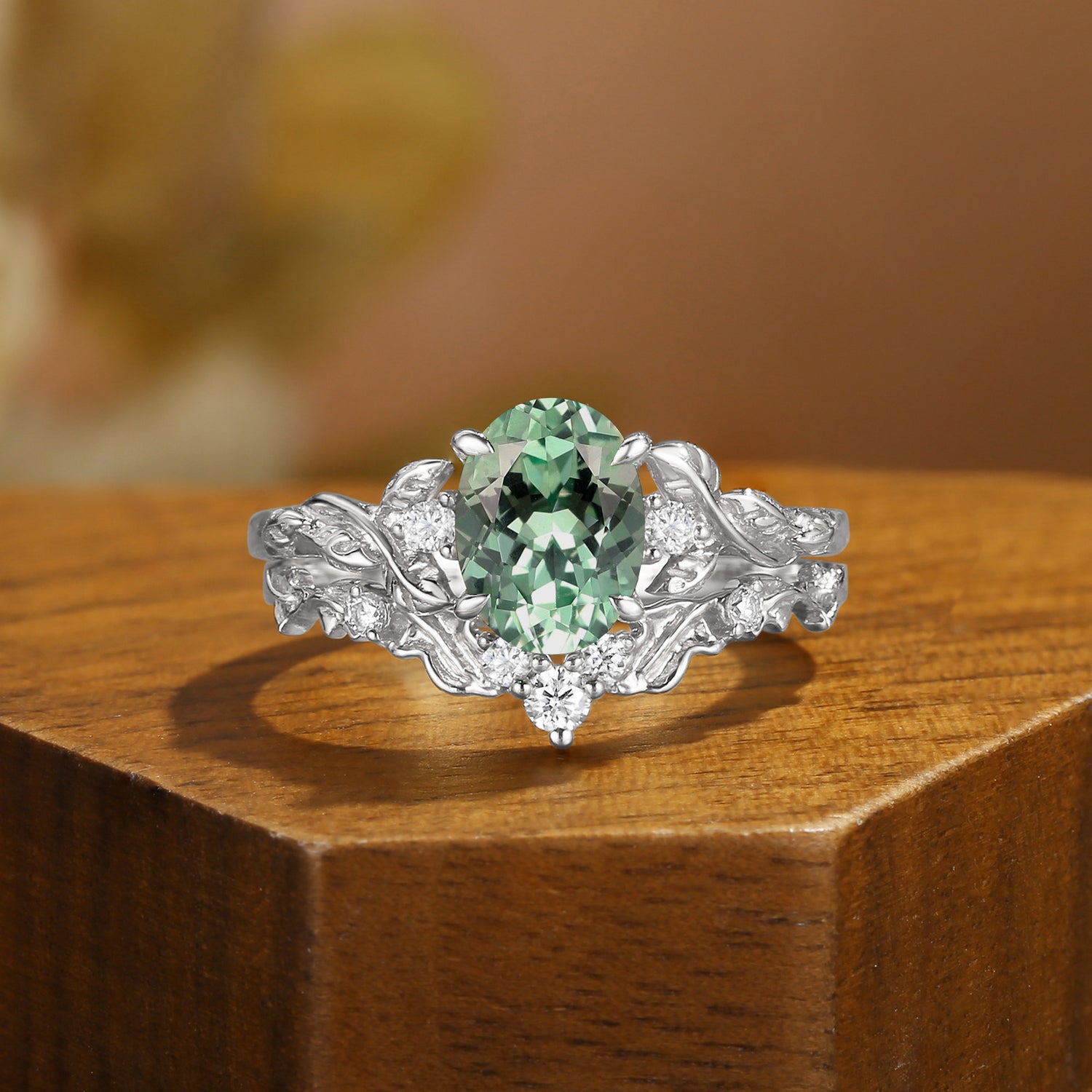 Eden - Oval Cut Lab Mint Green Sapphire Leaf Branch Engagement Ring Set 2pcs