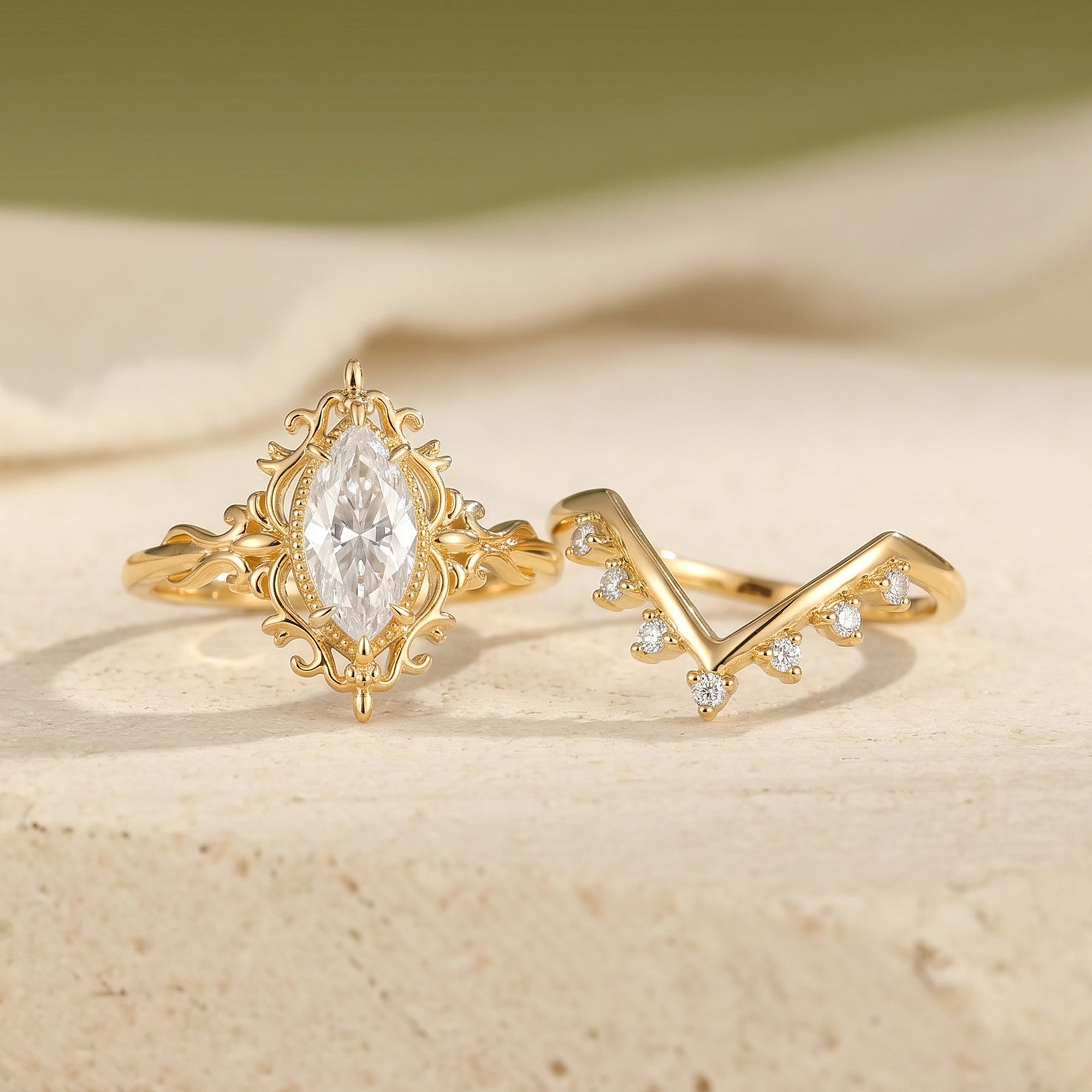 Victorian Filigree Marquise Moissanite Bridal Set 2PCS - Alina