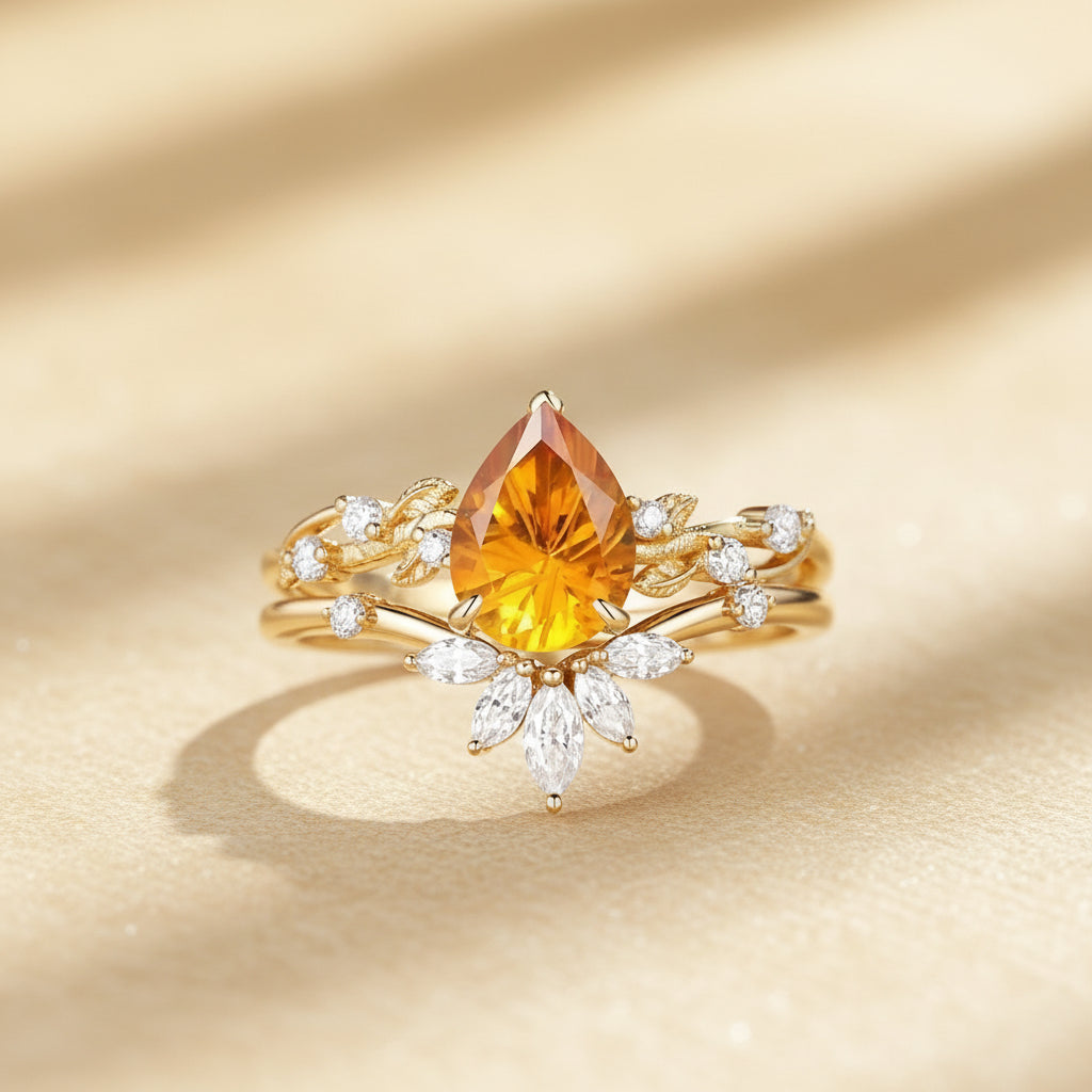 Clarissa - Firework Pear Cut Citrine Vine Inspired Leafy Bridal Set 2pcs