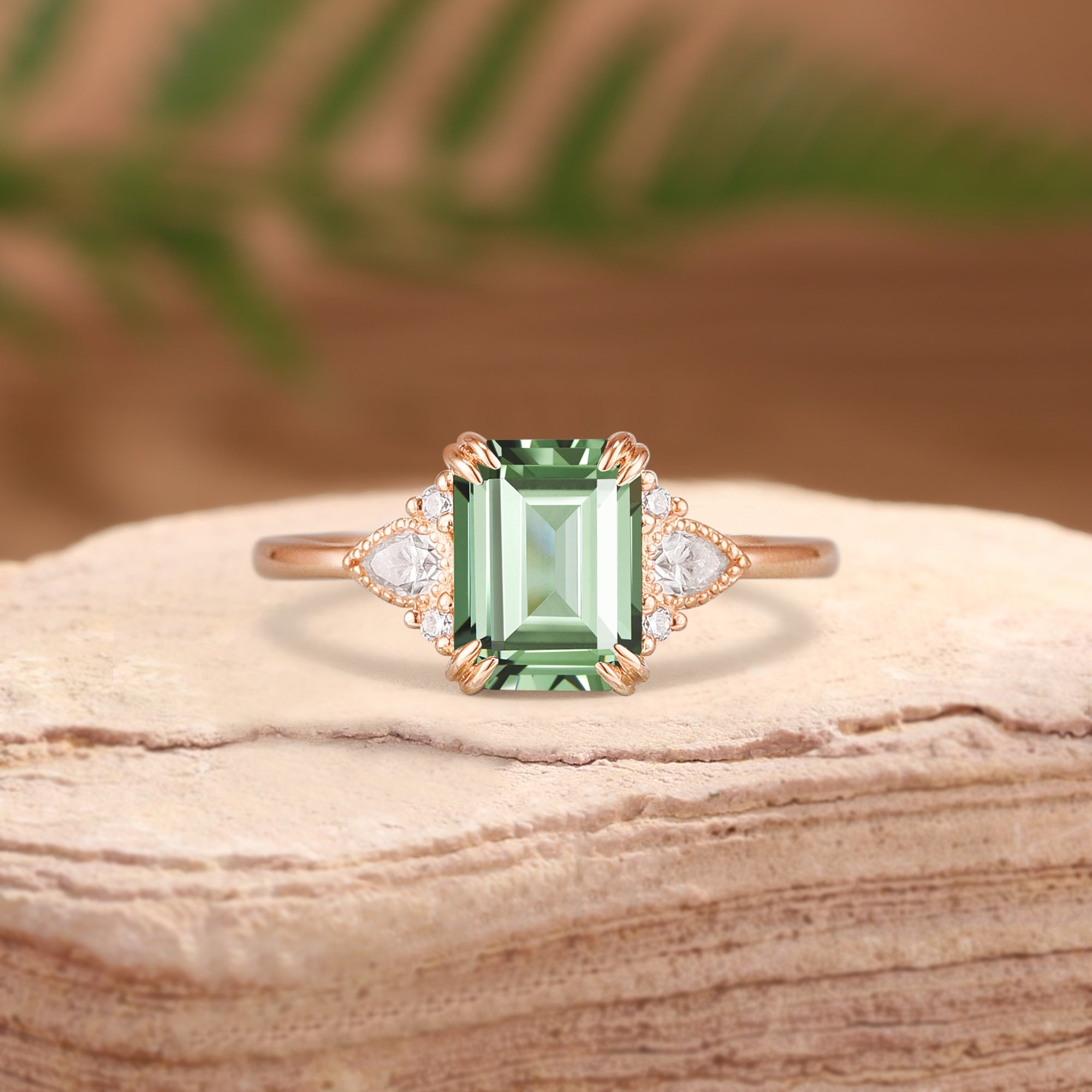 Ethel - Vintage Emerald Cut Green Sapphire Filigree Inspired BlingFlare Engagement Ring