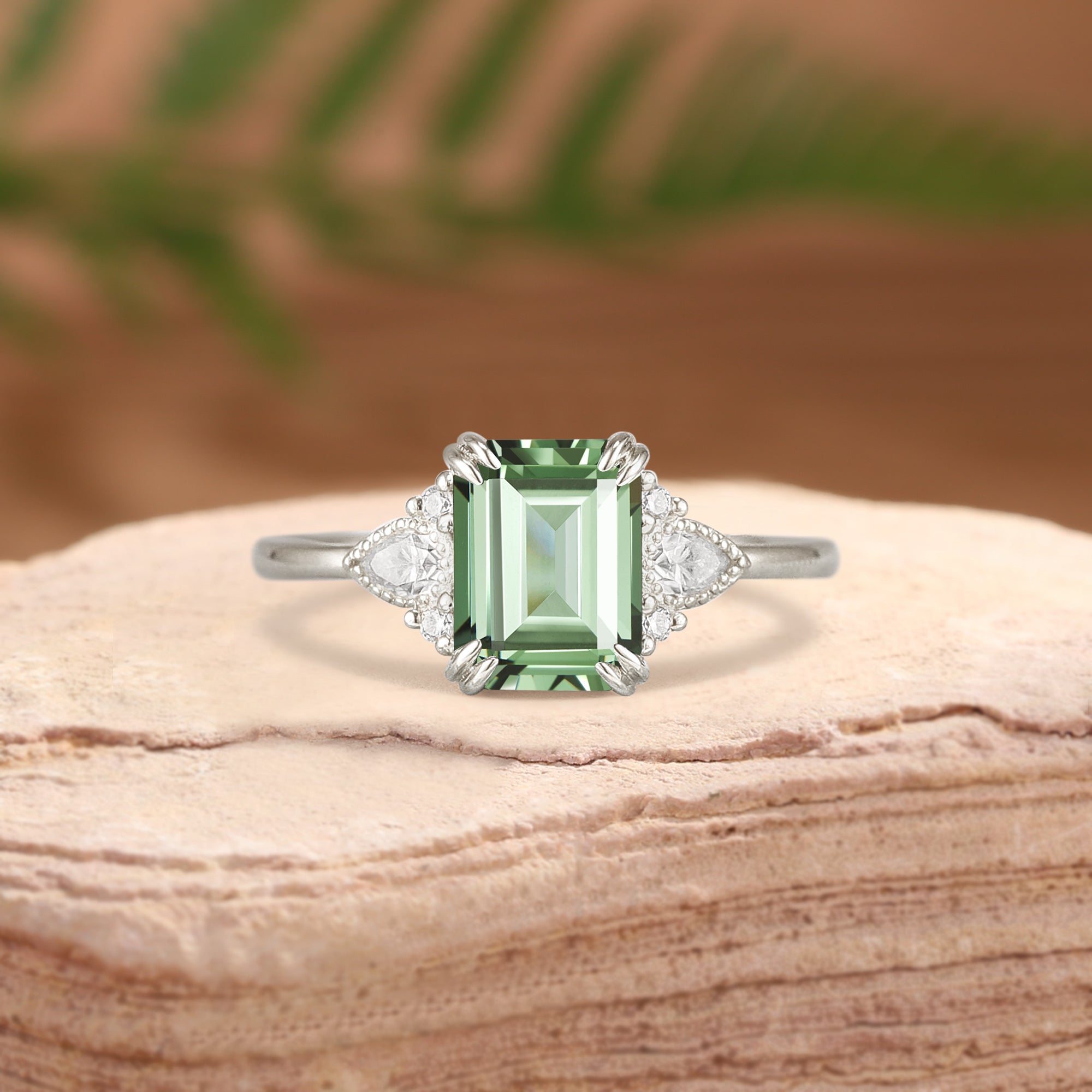 Ethel - Vintage Emerald Cut Green Sapphire Filigree Inspired BlingFlare Engagement Ring