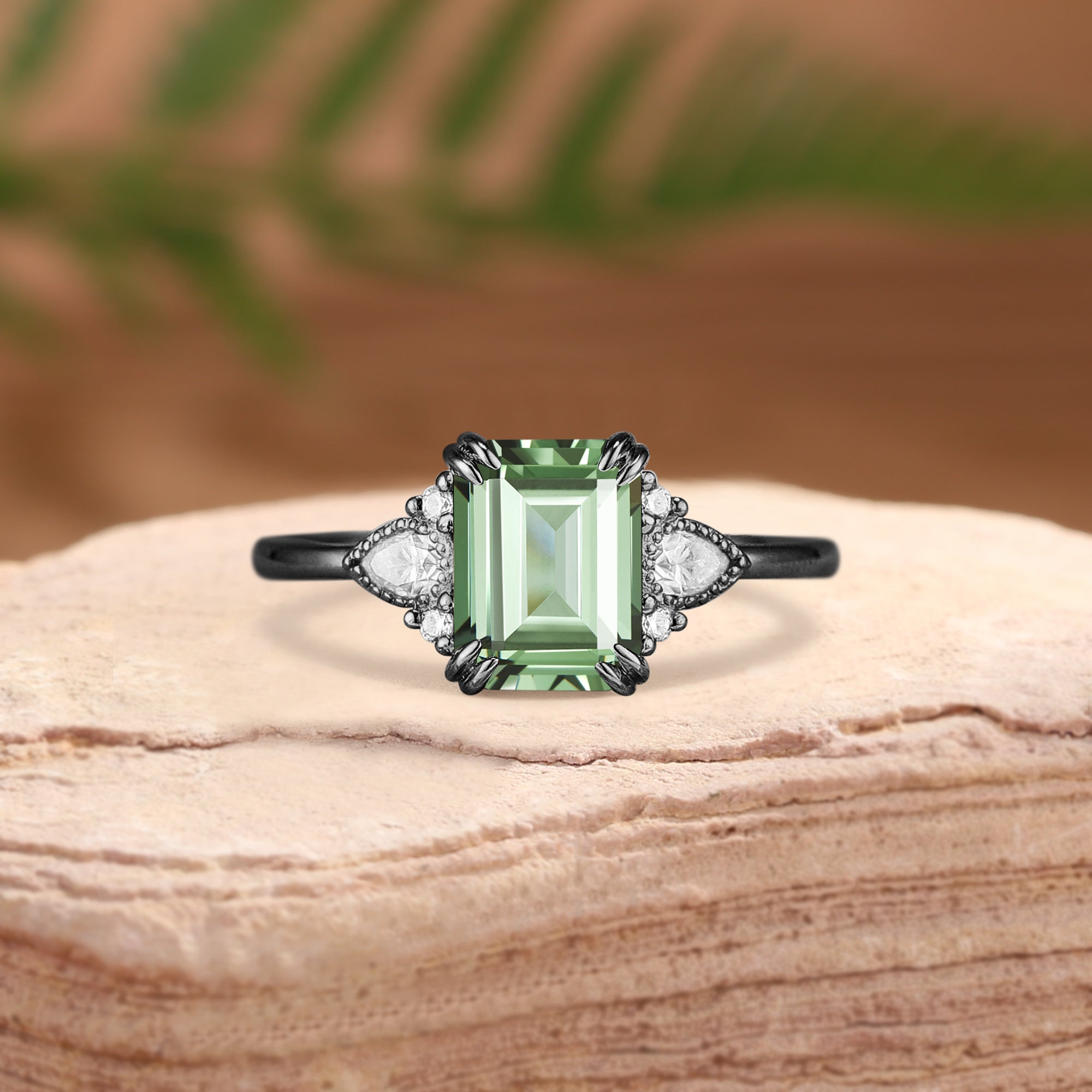 Ethel - Vintage Emerald Cut Green Sapphire Filigree Inspired BlingFlare Engagement Ring
