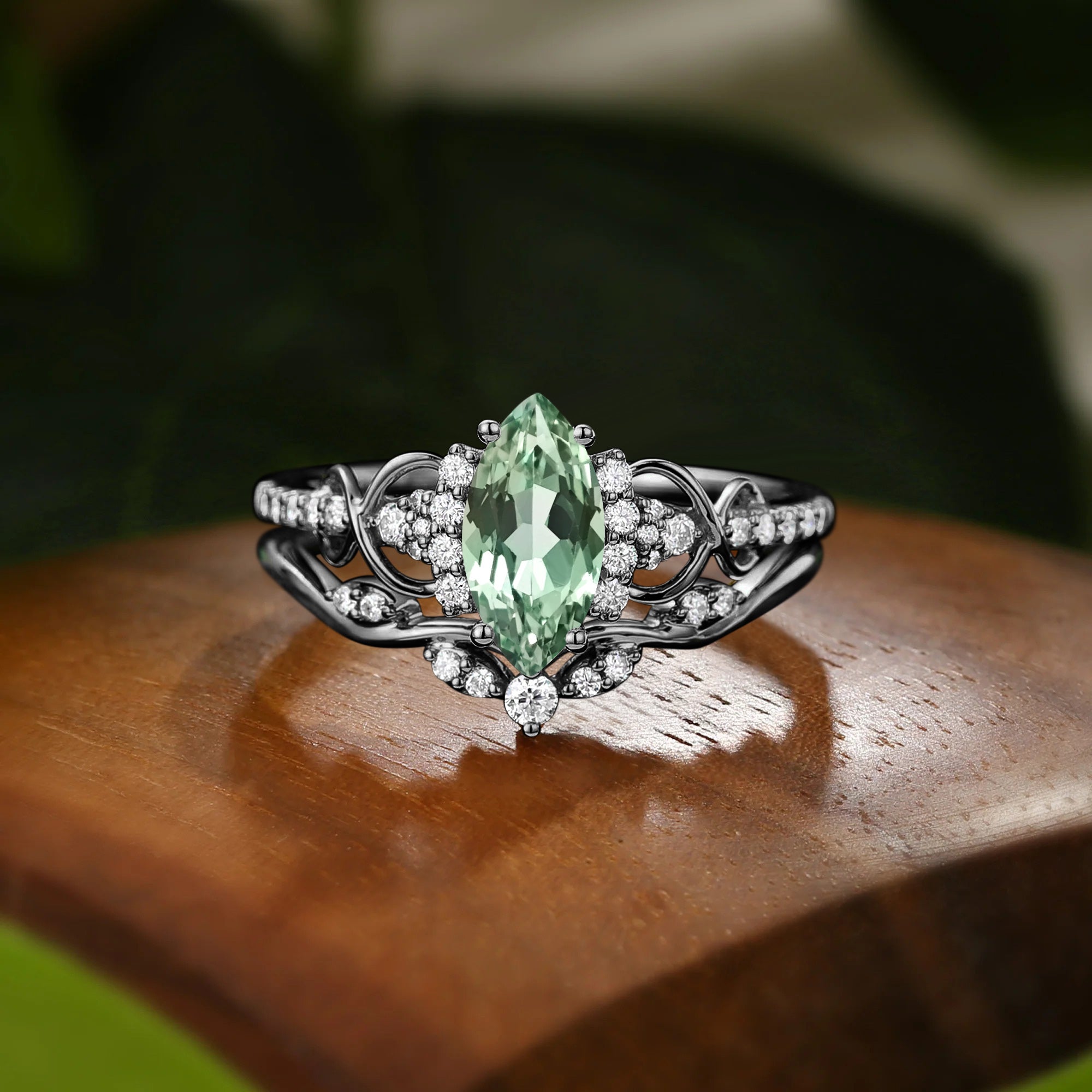 Ramona - Vintage Marquise Cut Lab Green Sapphire Twist Cluster Bridal Set 2pcs