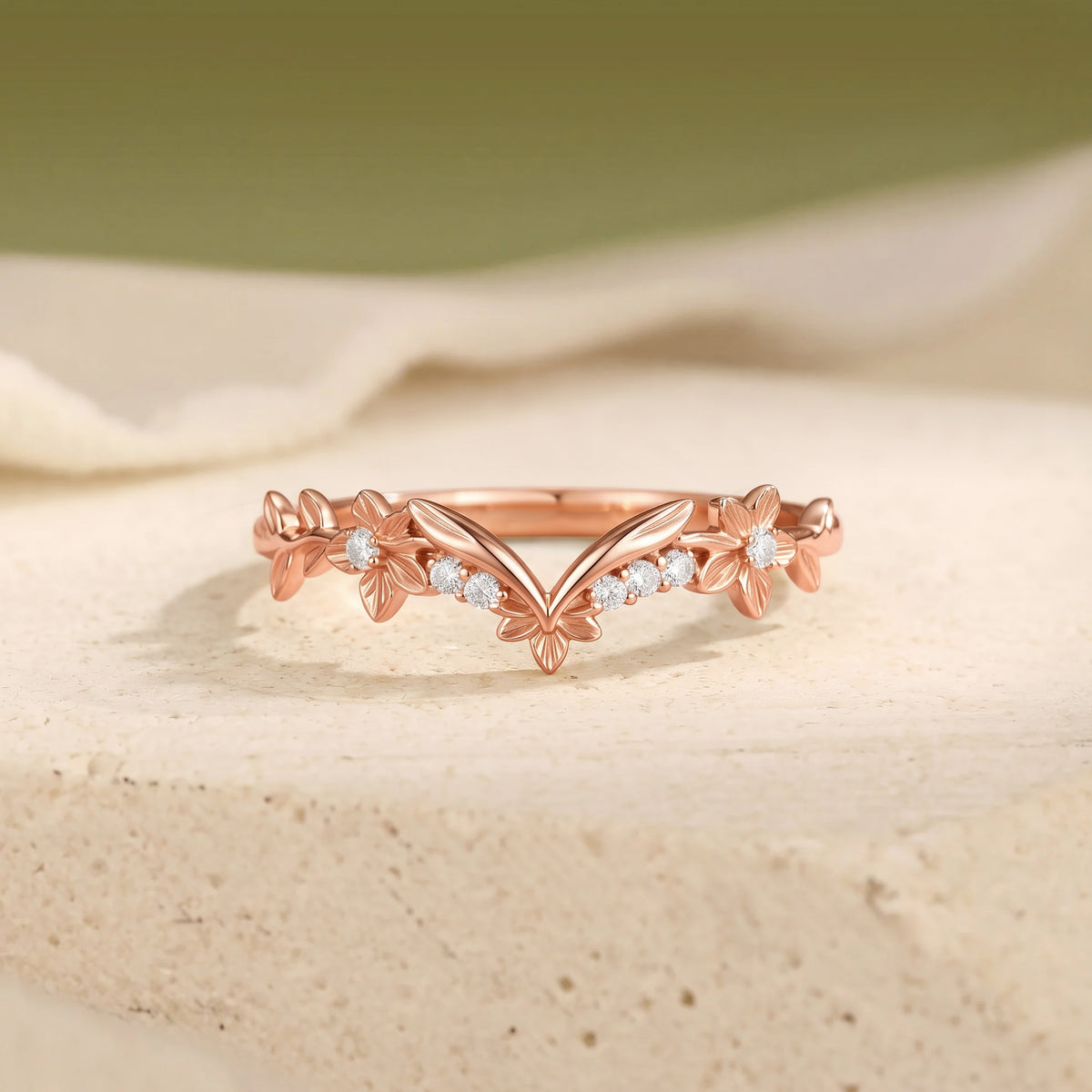 Fairy Floral V Shaped Moissanite Contour Wedding Band