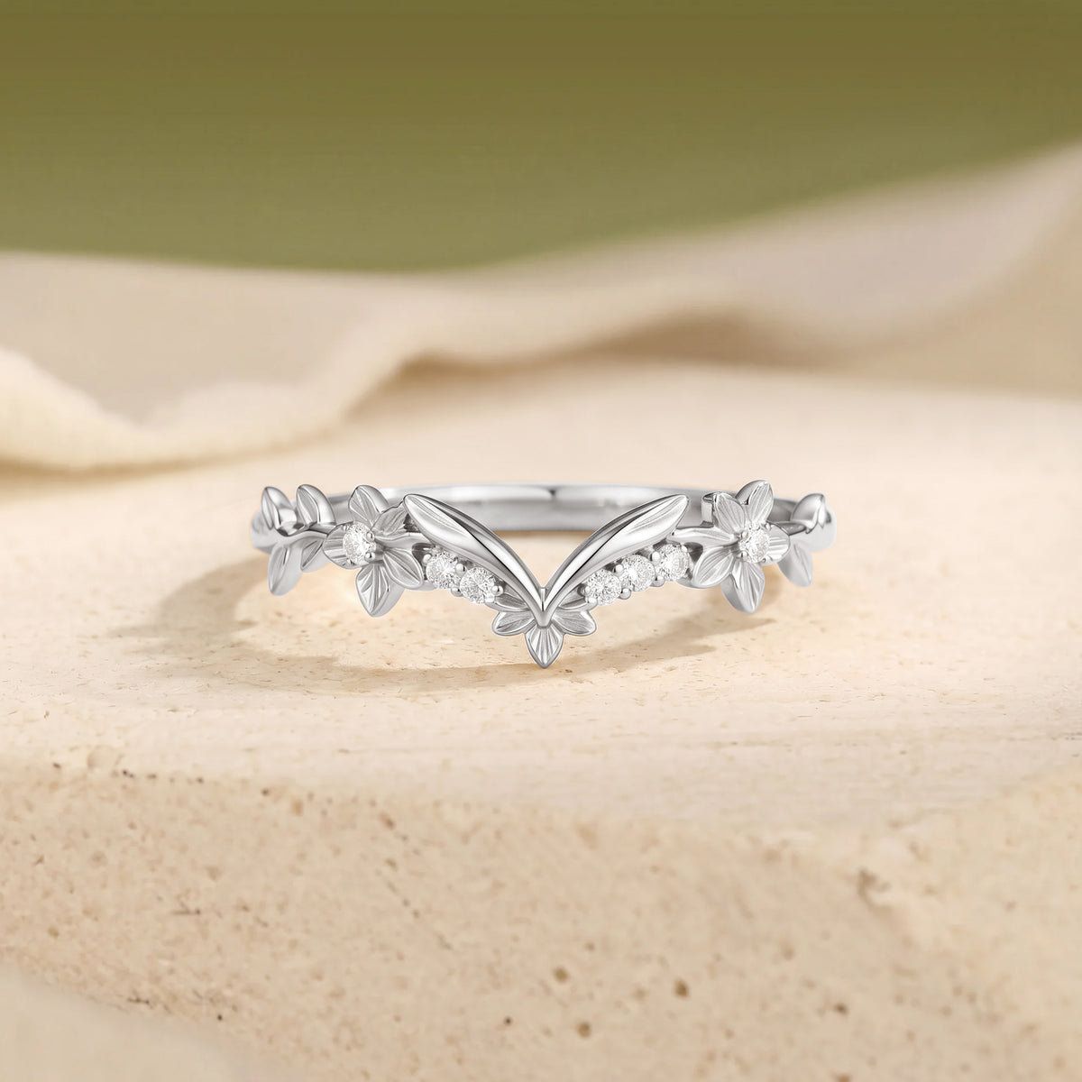 Fairy Floral V Shaped Moissanite Contour Wedding Band