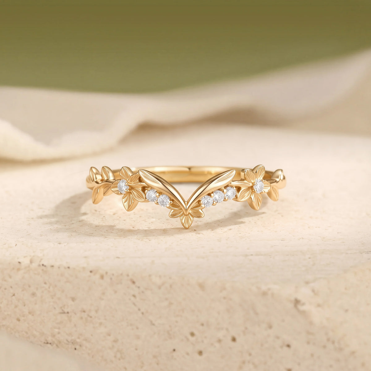 Fairy Floral V Shaped Moissanite Contour Wedding Band
