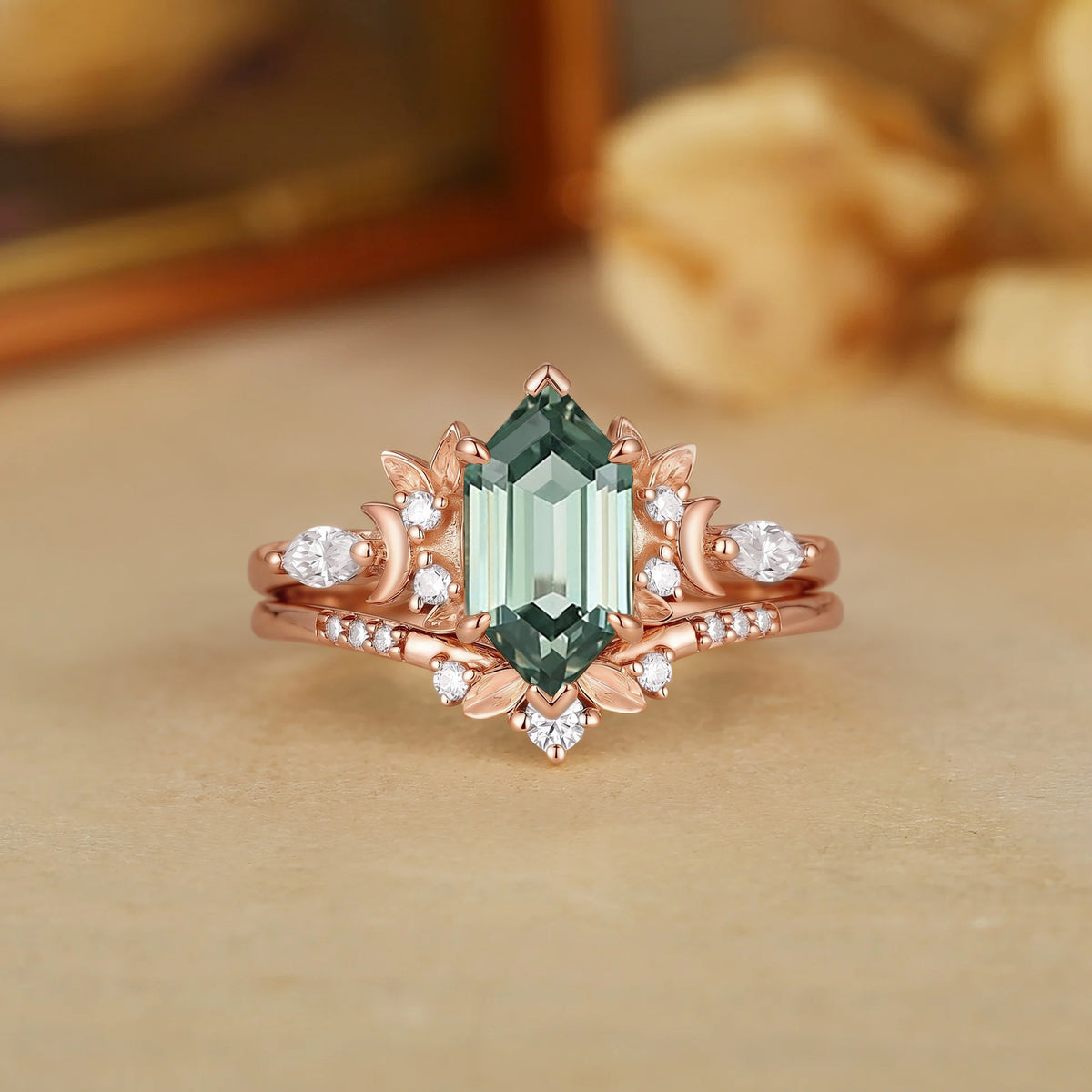 Lunar Forest Dutch Marquise Lab Green Sapphire Leaf Engagement Ring-Liory
