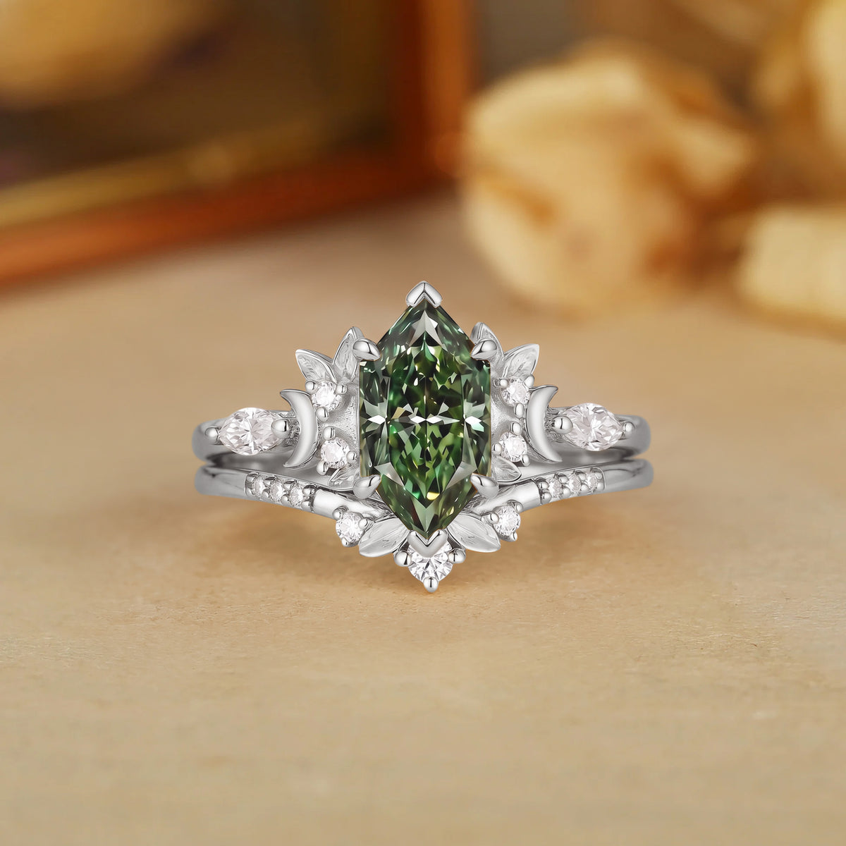 Lunar Forest Dutch Marquise Lab Green Sapphire Leaf Engagement Ring-Liory
