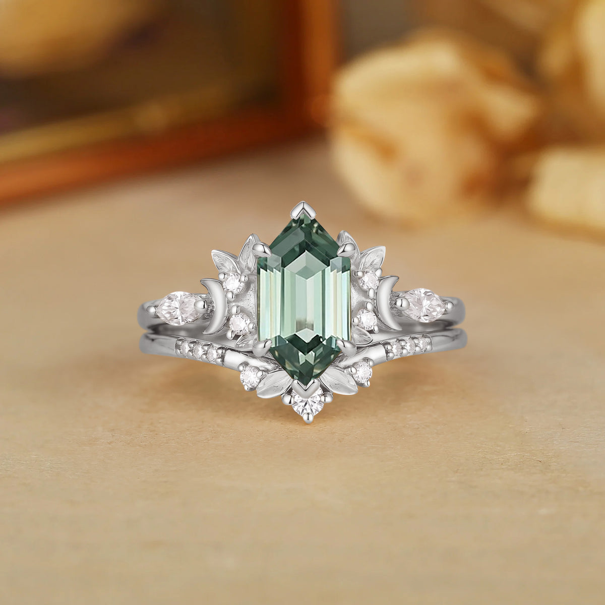 Lunar Forest Dutch Marquise Lab Green Sapphire Leaf Engagement Ring-Liory