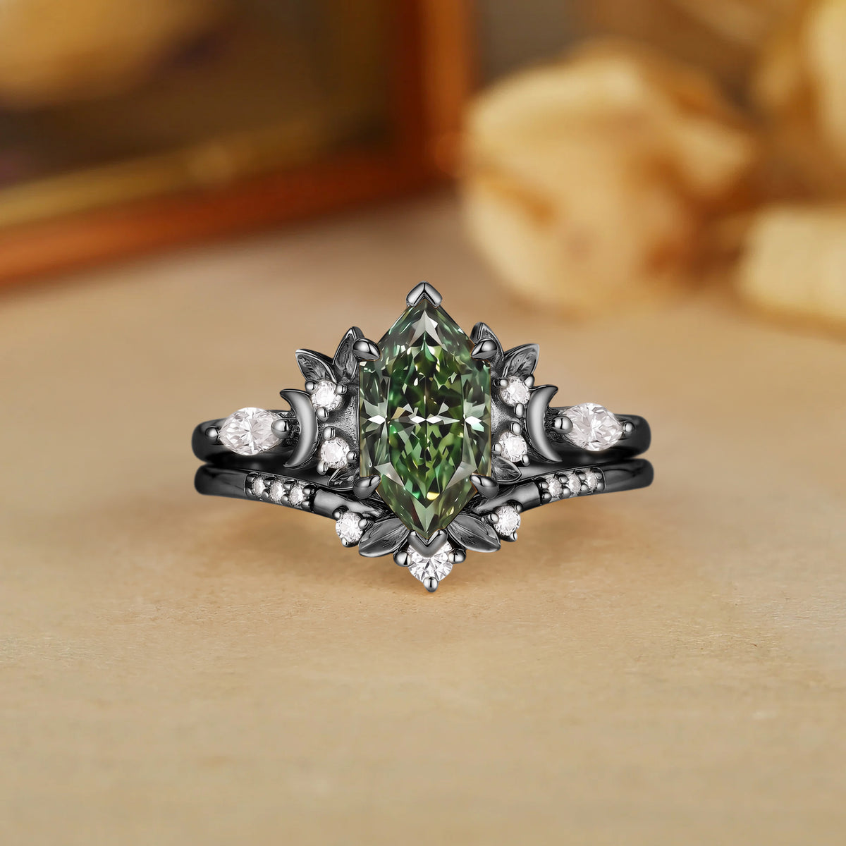 Lunar Forest Dutch Marquise Lab Green Sapphire Leaf Engagement Ring-Liory