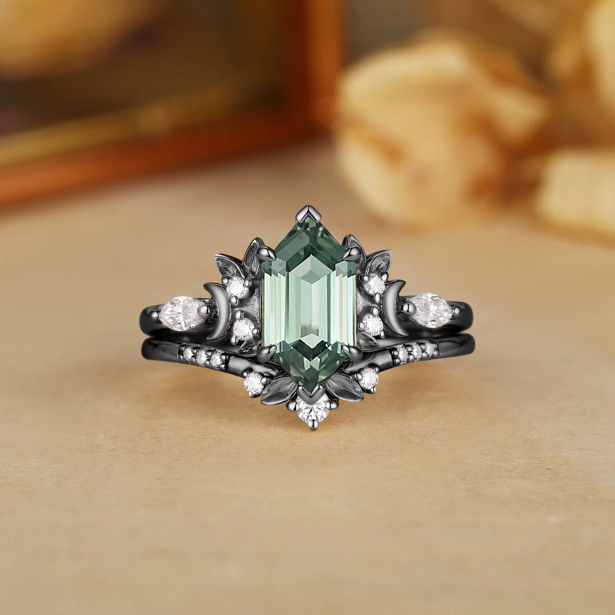 Lunar Forest Dutch Marquise Lab Green Sapphire Leaf Engagement Ring-Liory