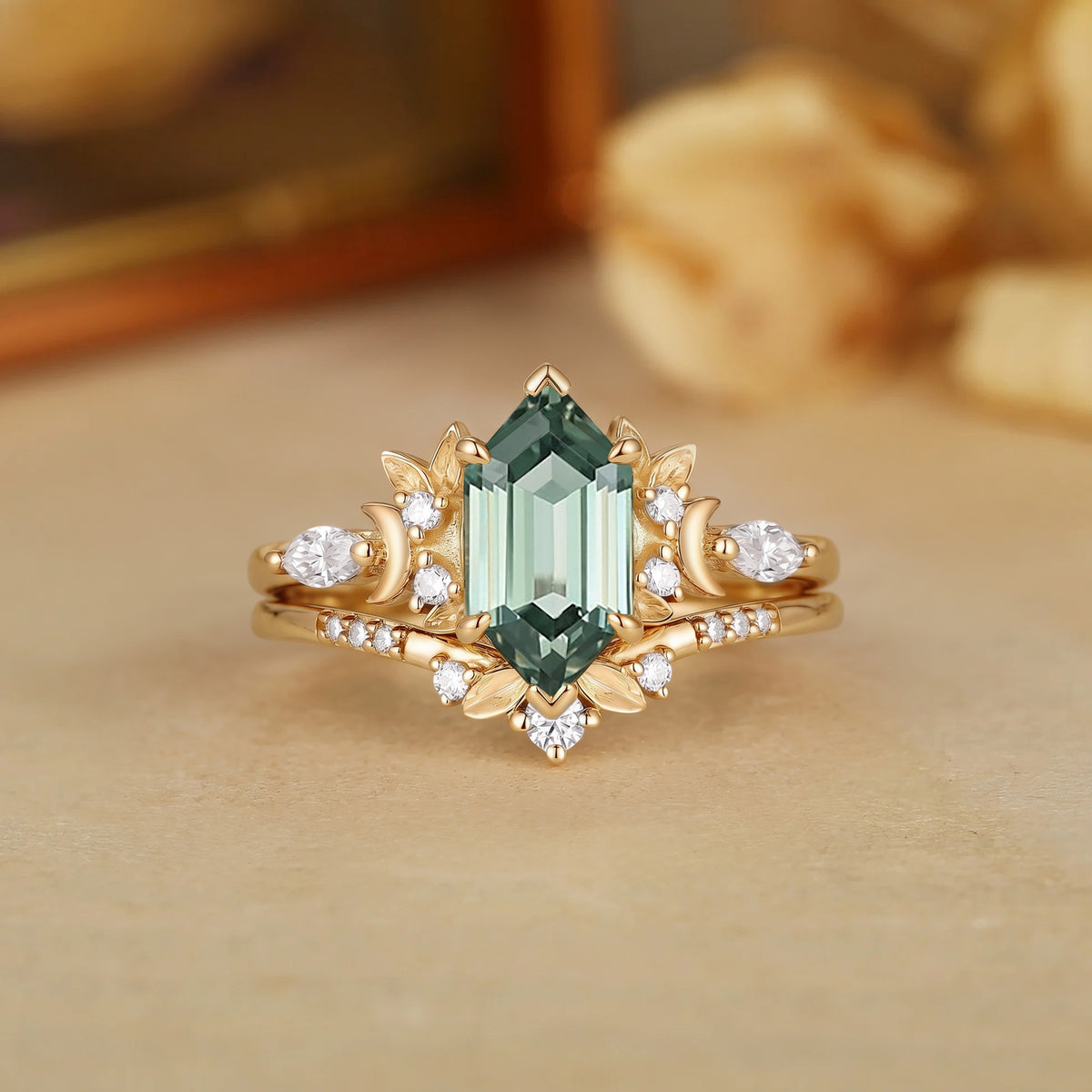 Lunar Forest Dutch Marquise Lab Green Sapphire Leaf Engagement Ring-Liory