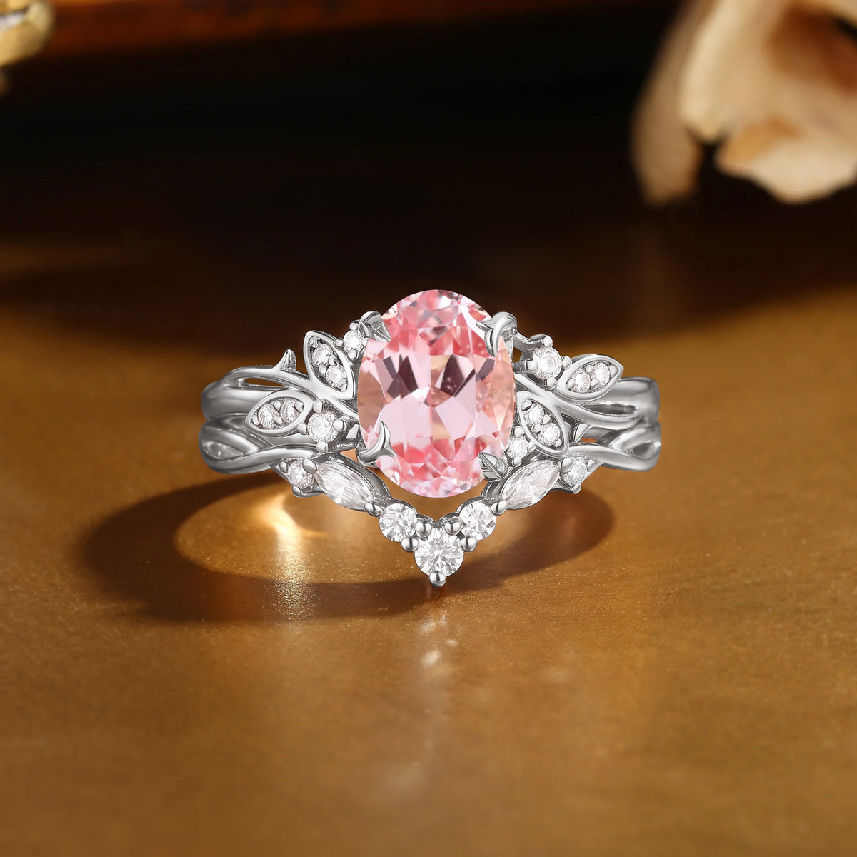 Oval Cut Lab Padparadscha Sapphire Fairy Twisted Shank Engagement Ring -Elowen