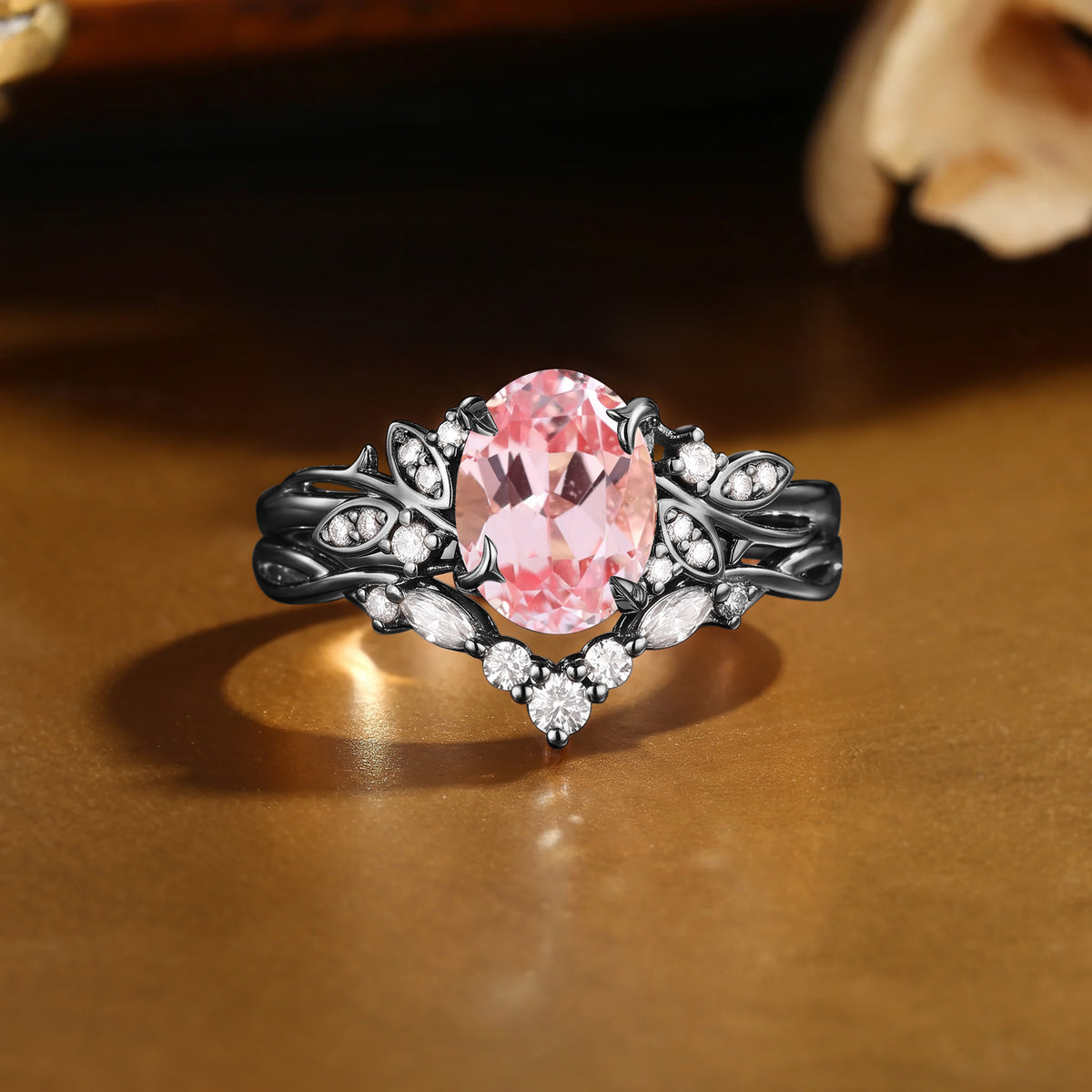 Oval Cut Lab Padparadscha Sapphire Fairy Twisted Shank Engagement Ring -Elowen