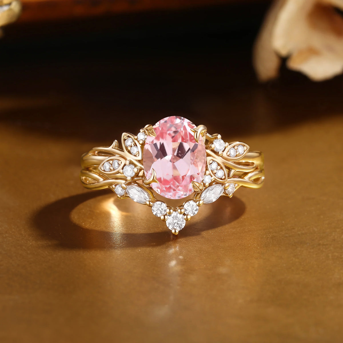 Oval Cut Lab Padparadscha Sapphire Fairy Twisted Shank Engagement Ring -Elowen