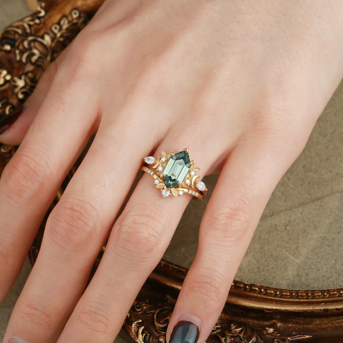 Lunar Forest Dutch Marquise Lab Green Sapphire Leaf Engagement Ring-Liory