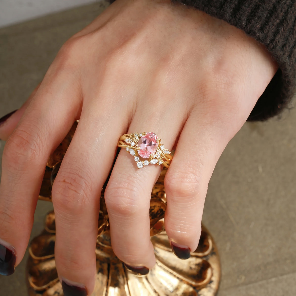 Oval Cut Lab Padparadscha Sapphire Fairy Twisted Shank Engagement Ring -Elowen