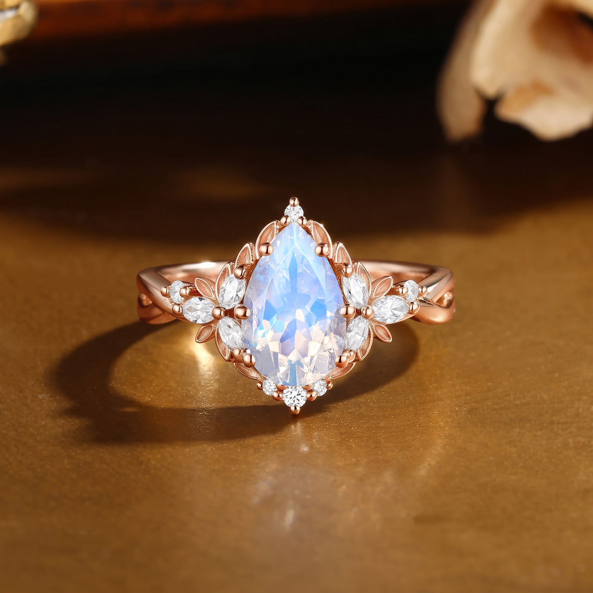 Pear Cut Moonstone Celestial Fairy Twisted Shank Engagement Ring- Nerys