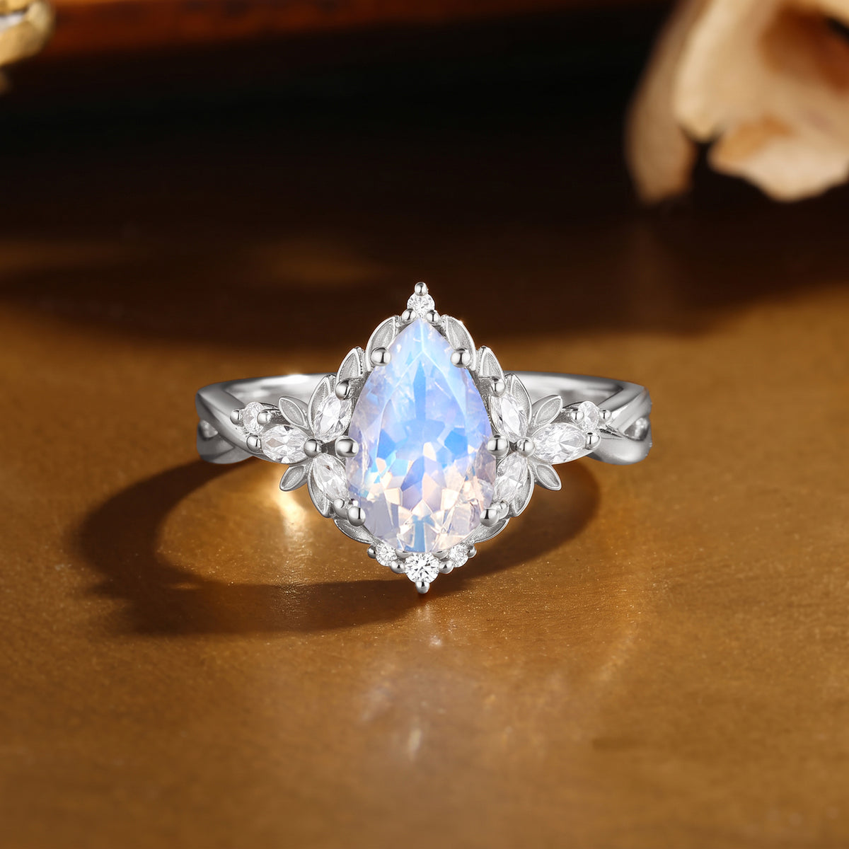 Pear Cut Moonstone Celestial Fairy Twisted Shank Engagement Ring- Nerys