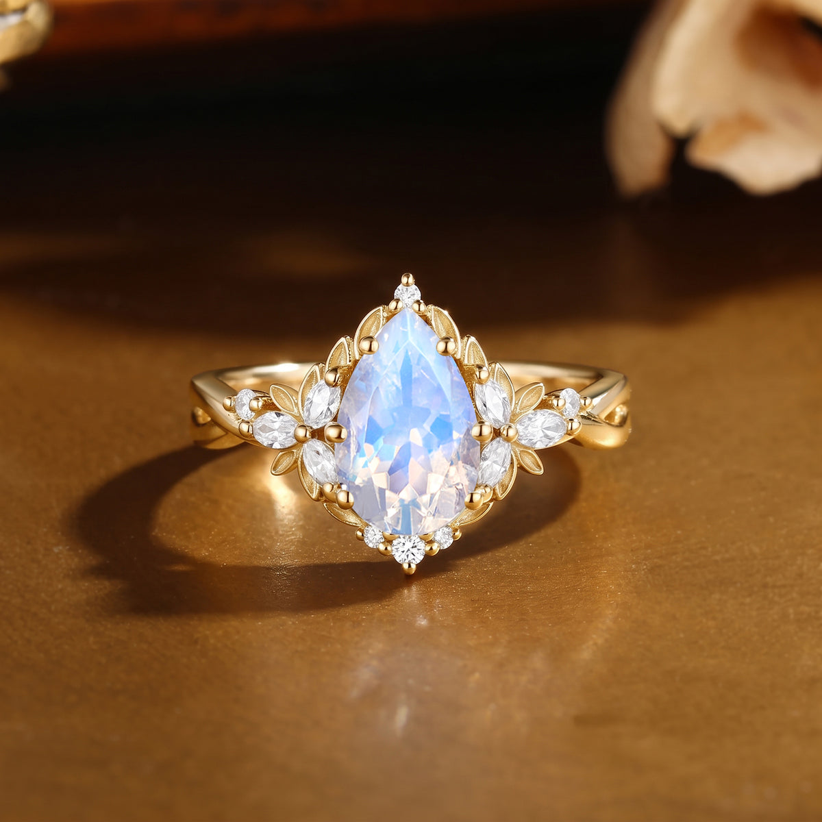 Pear Cut Moonstone Celestial Fairy Twisted Shank Engagement Ring- Nerys