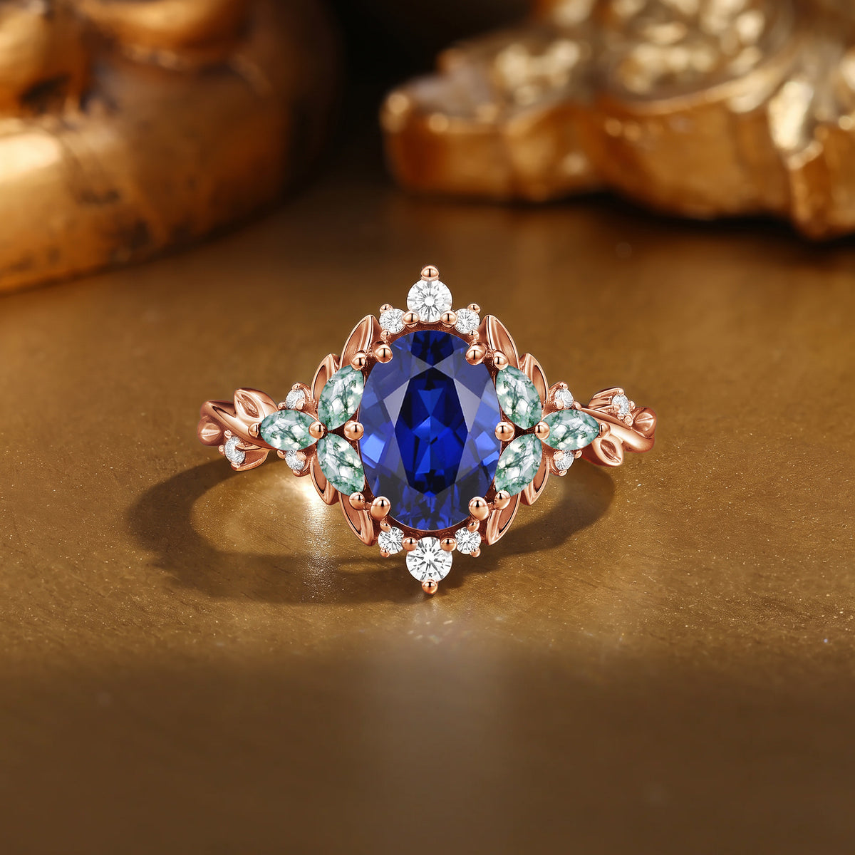 Hand Sculpted Fairy Oval Royal Blue Sapphire Moss Agate Accented Bridal Engagement Ring-Kiora