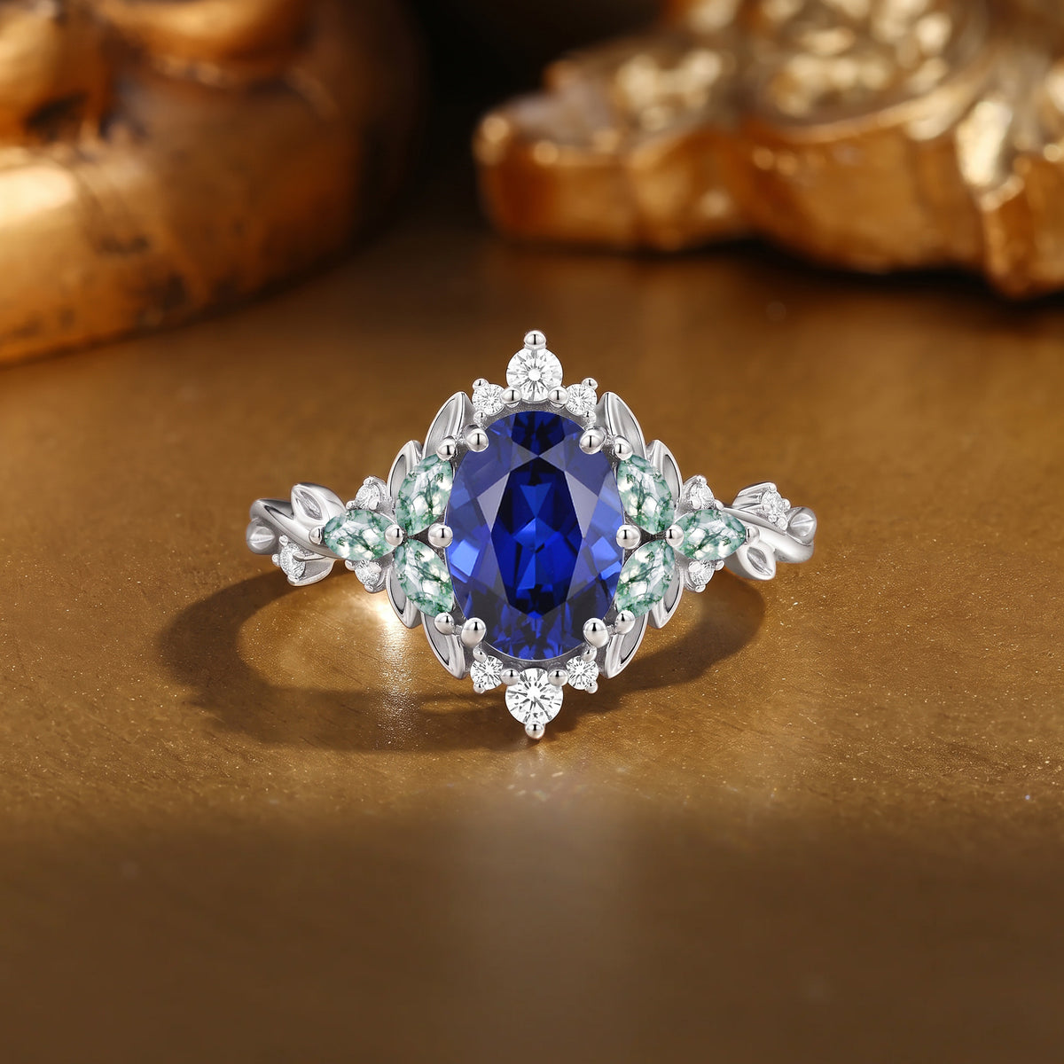 Hand Sculpted Fairy Oval Royal Blue Sapphire Moss Agate Accented Bridal Engagement Ring-Kiora