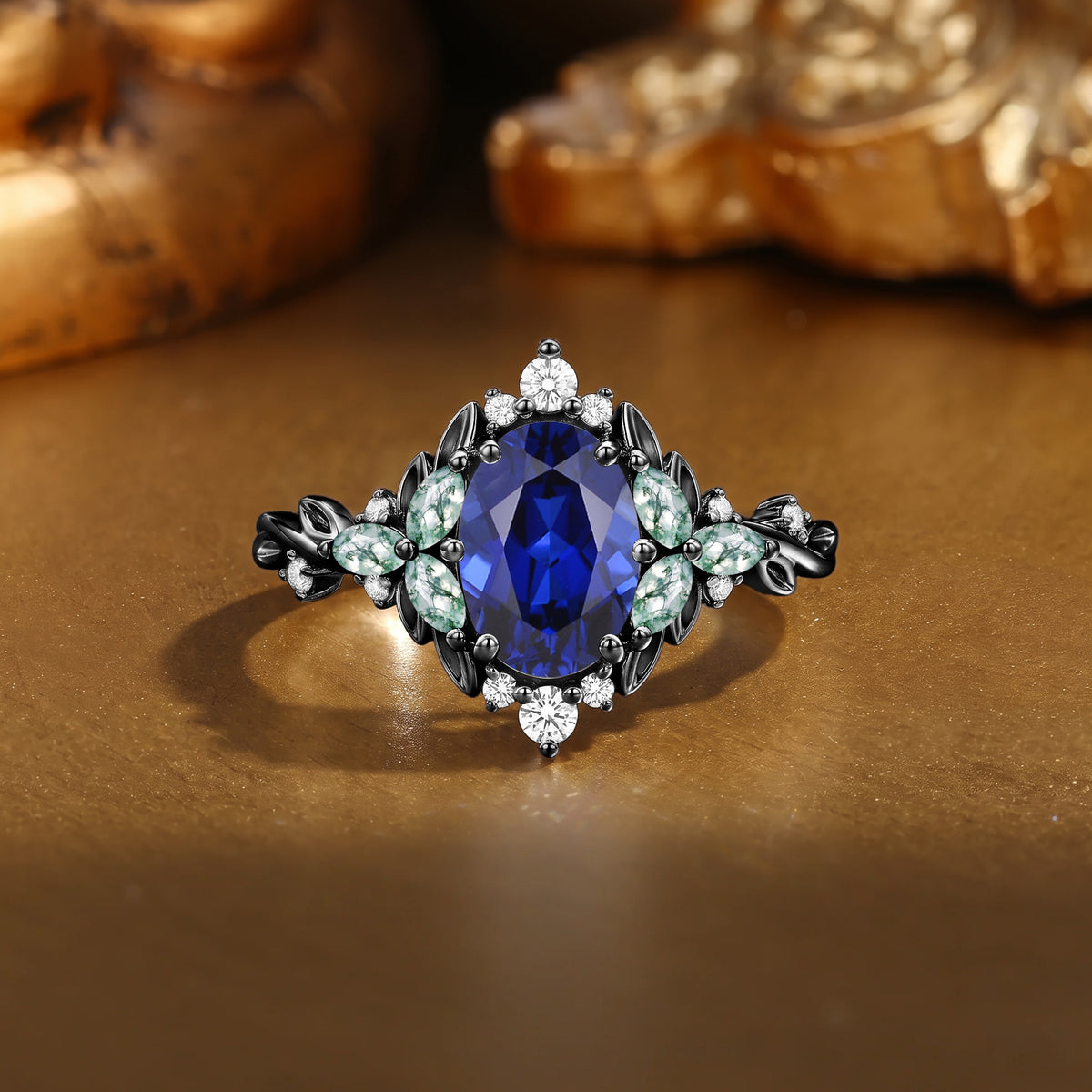 Hand Sculpted Fairy Oval Royal Blue Sapphire Moss Agate Accented Bridal Engagement Ring-Kiora