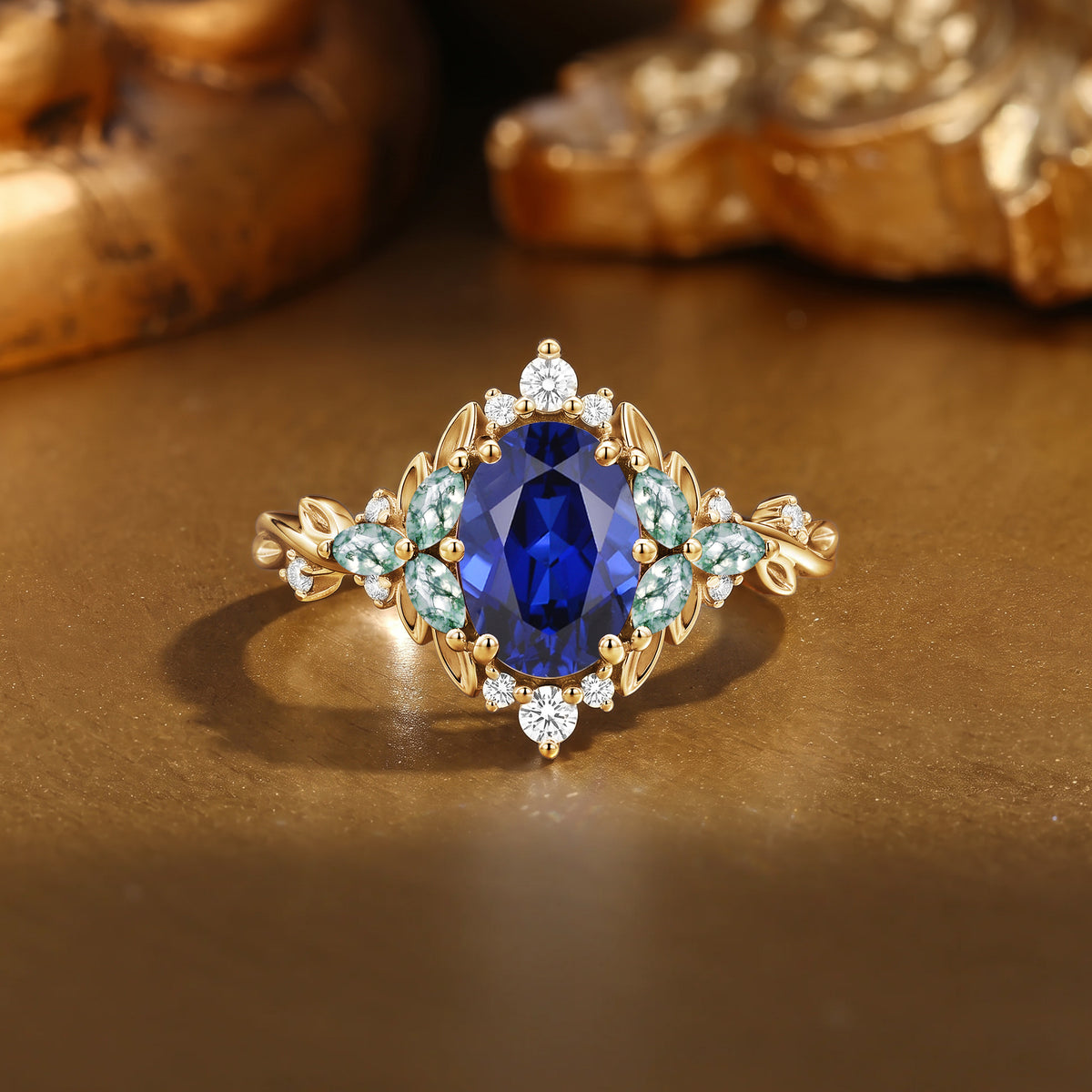Hand Sculpted Fairy Oval Royal Blue Sapphire Moss Agate Accented Bridal Engagement Ring-Kiora