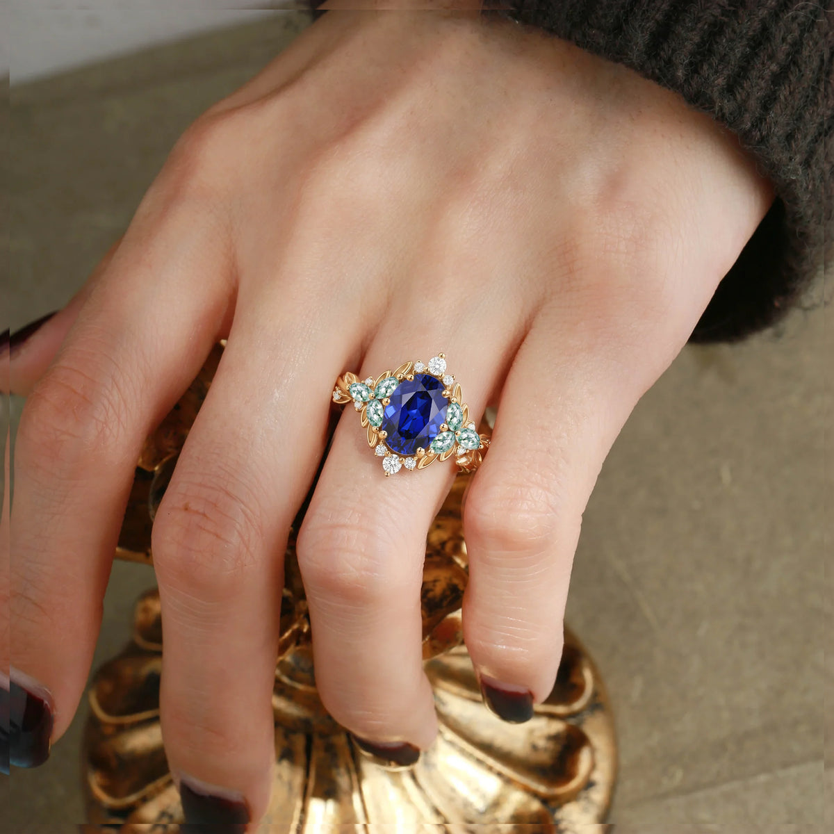 Hand Sculpted Fairy Oval Royal Blue Sapphire Moss Agate Accented Bridal Engagement Ring-Kiora