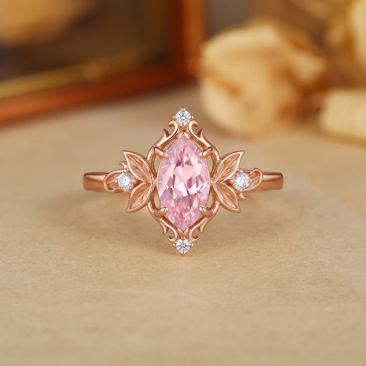 Forest Fairy Marquise Cut Pink Sapphire Leafy Inspired Engagement Ring - Patience