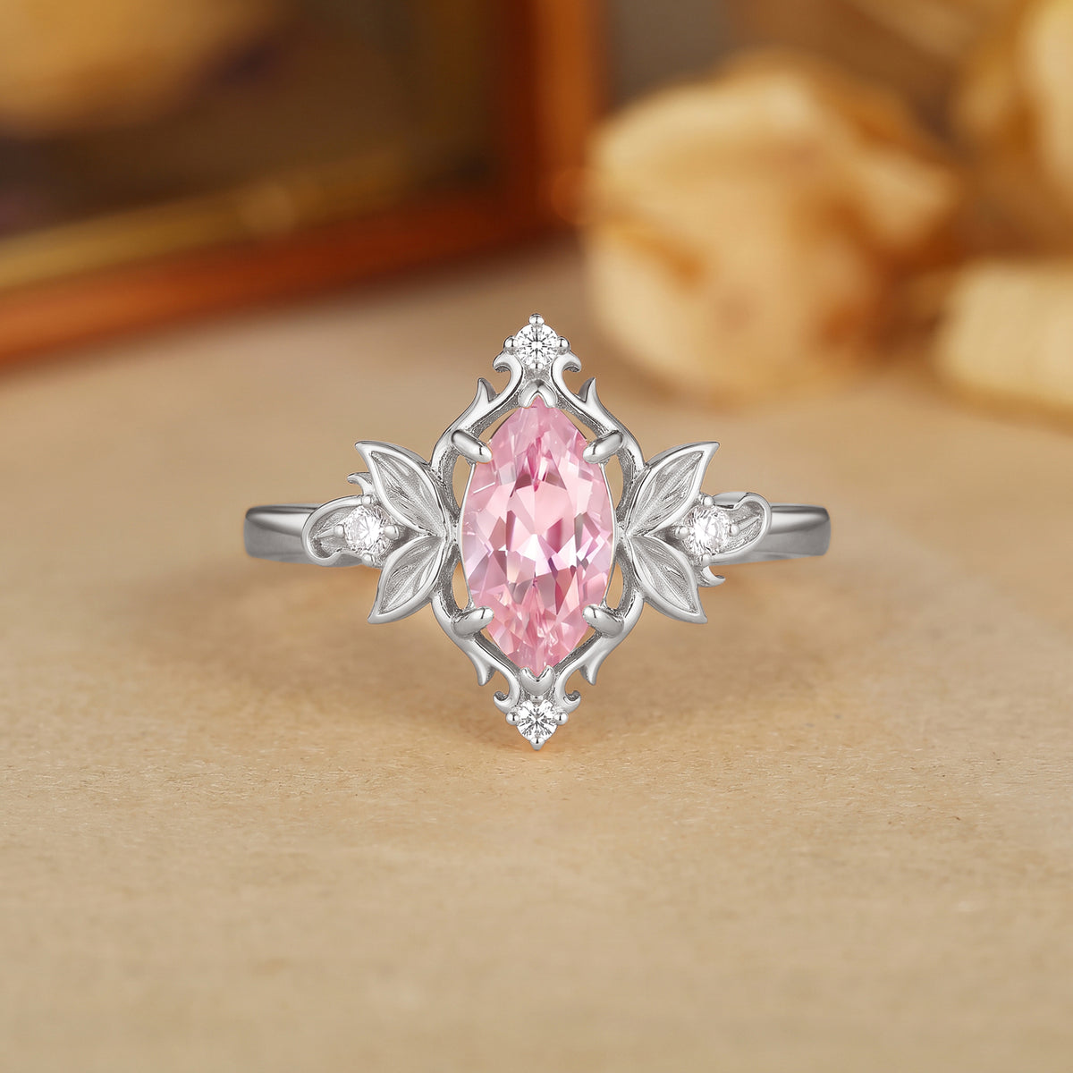 Forest Fairy Marquise Cut Pink Sapphire Leafy Inspired Engagement Ring - Patience