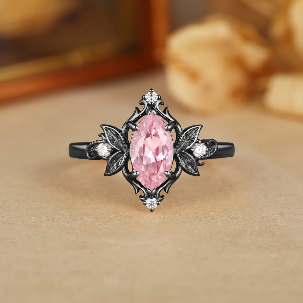 Forest Fairy Marquise Cut Pink Sapphire Leafy Inspired Engagement Ring - Patience