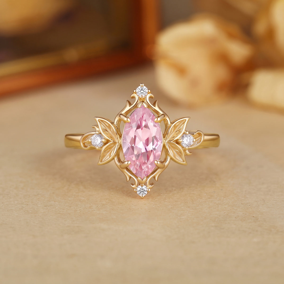 Forest Fairy Marquise Cut Pink Sapphire Leafy Inspired Engagement Ring - Patience
