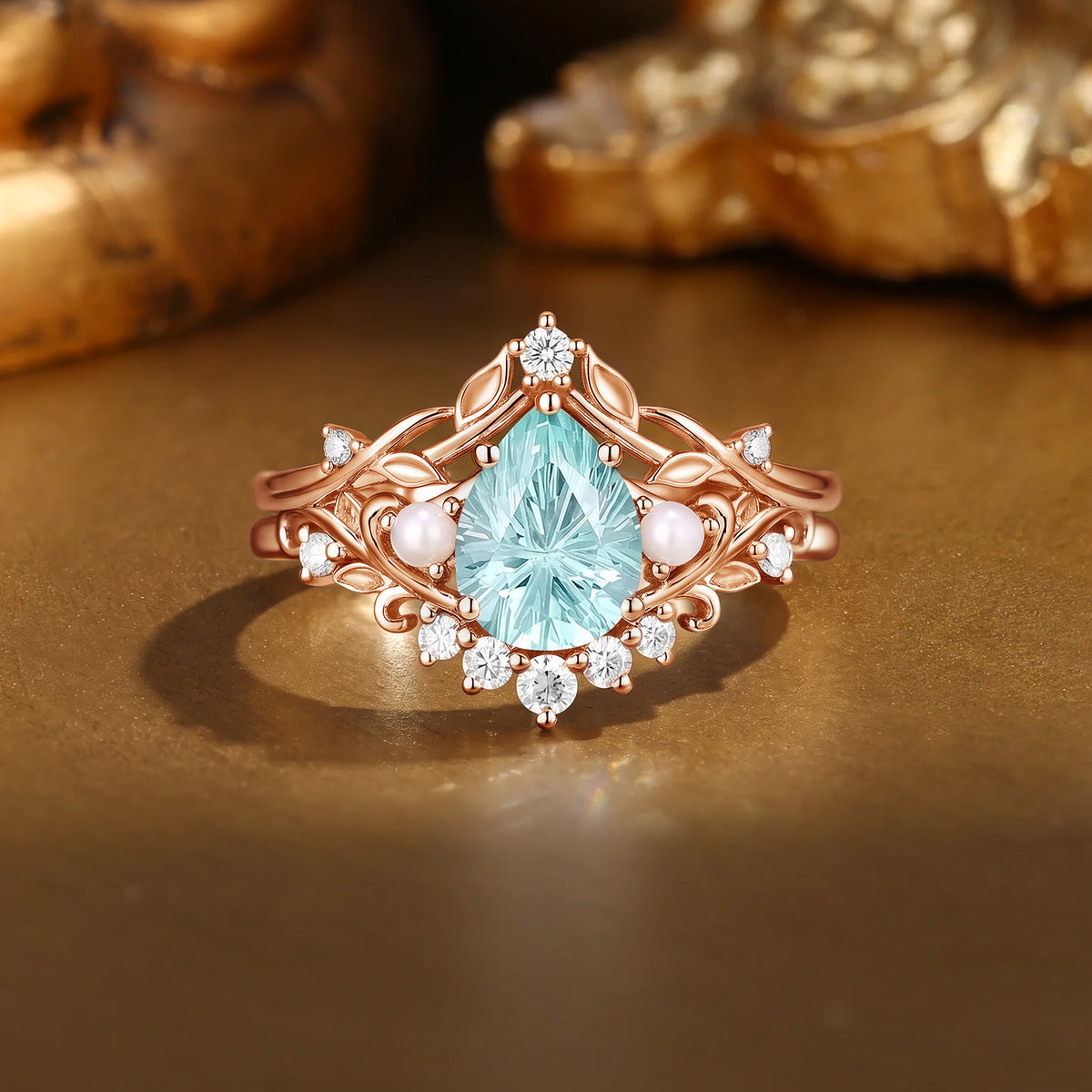Filigree Fiary Pear Firework Cut Light Green Sapphire & Pearl Bridal Set 2pcs - Celestine