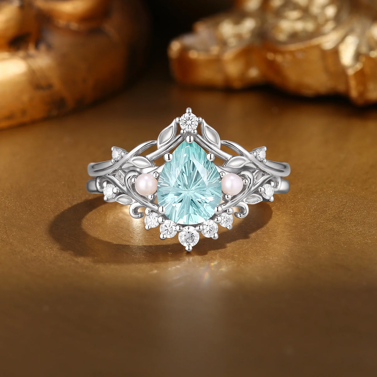 Filigree Fiary Pear Firework Cut Light Green Sapphire & Pearl Bridal Set 2pcs - Celestine