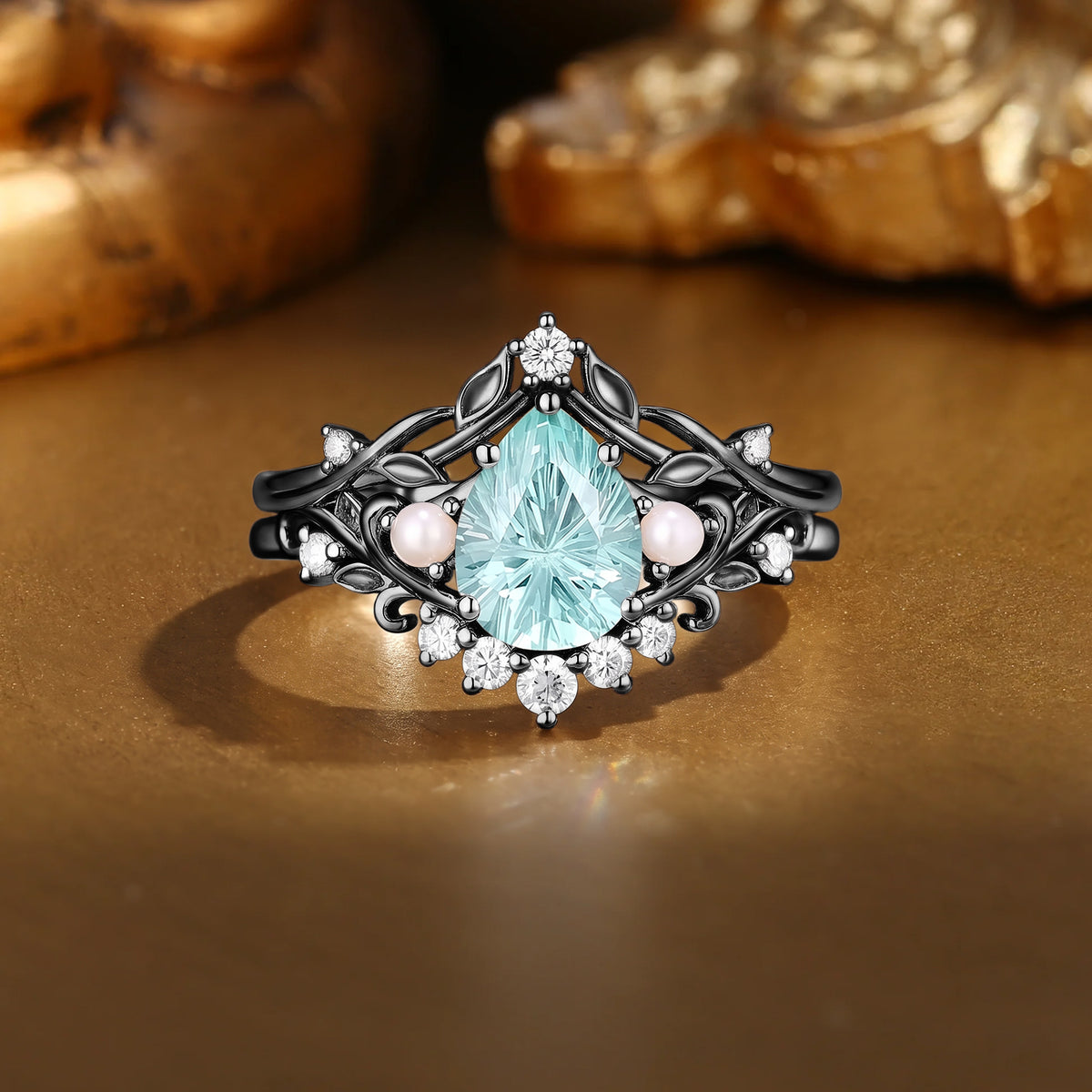 Filigree Fiary Pear Firework Cut Light Green Sapphire & Pearl Bridal Set 2pcs - Celestine