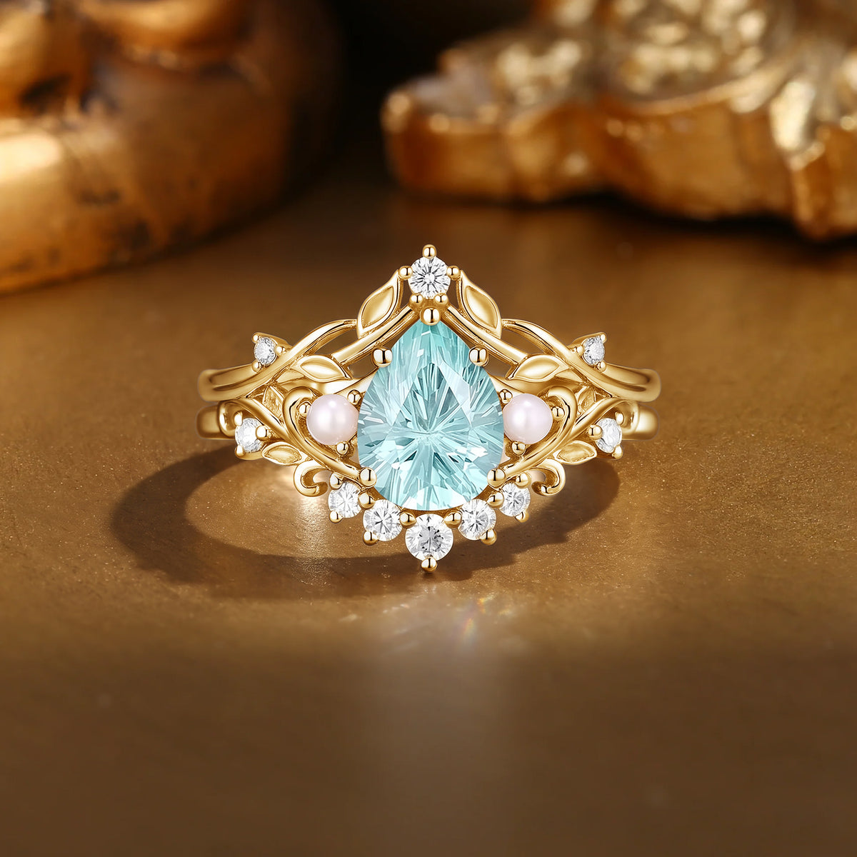 Filigree Fiary Pear Firework Cut Light Green Sapphire & Pearl Bridal Set 2pcs - Celestine