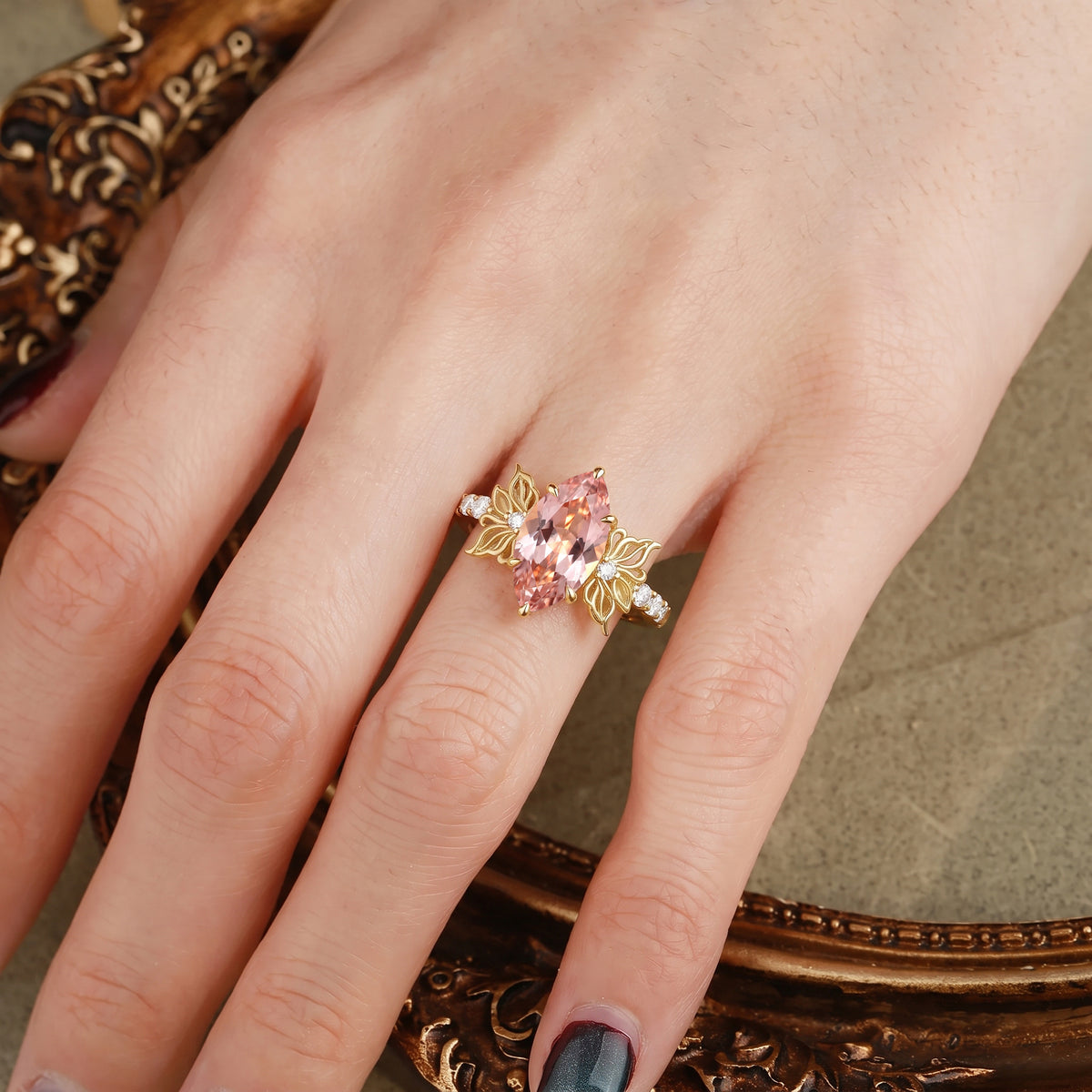 Floral Fairy Marquise Cut Padparadscha Sapphire Butterfly Inspired Engagement Ring - Beata