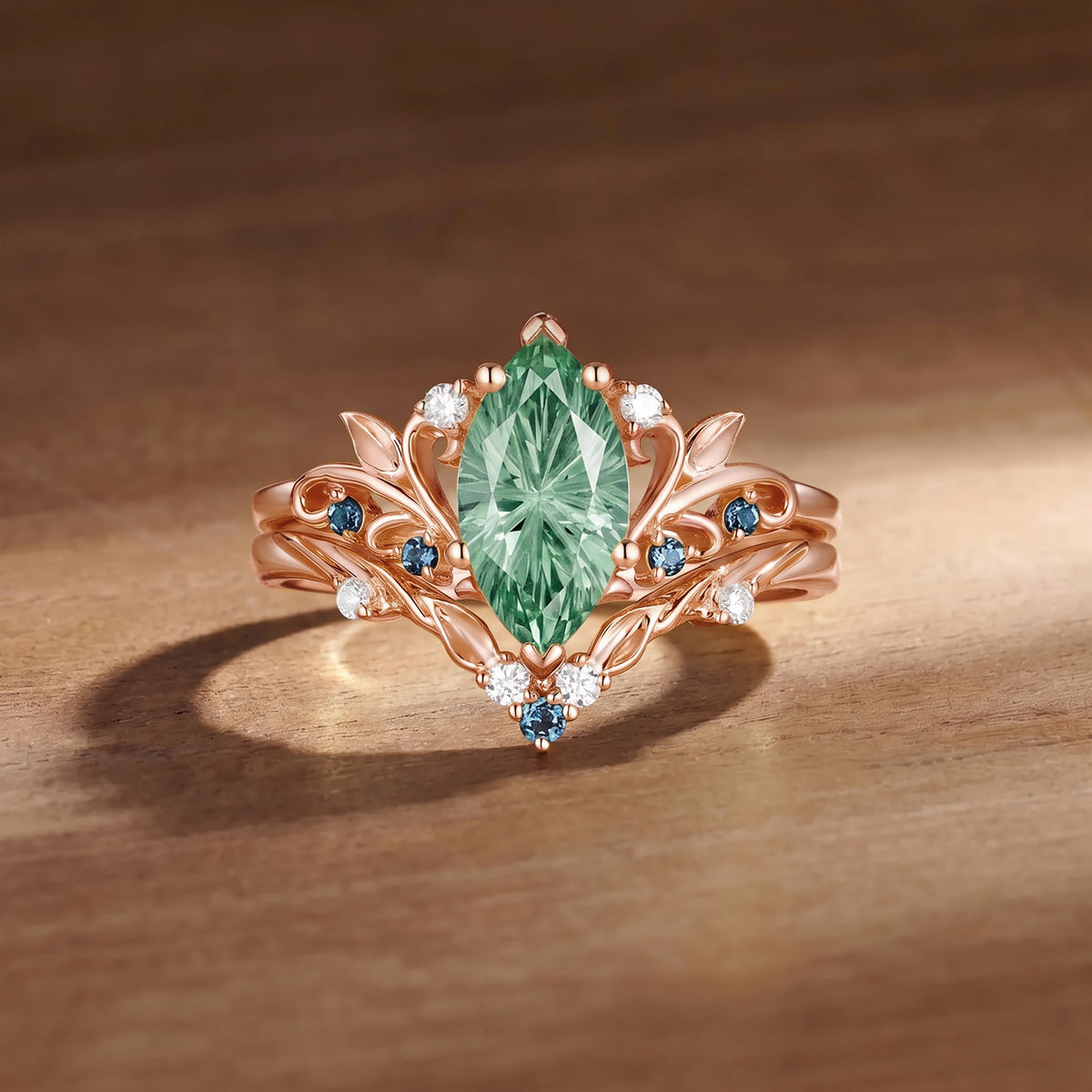 Radiant Fairy  Firework Cut Marquise Green Sapphire Leafy Bridal Set 2pcs - Liliosa