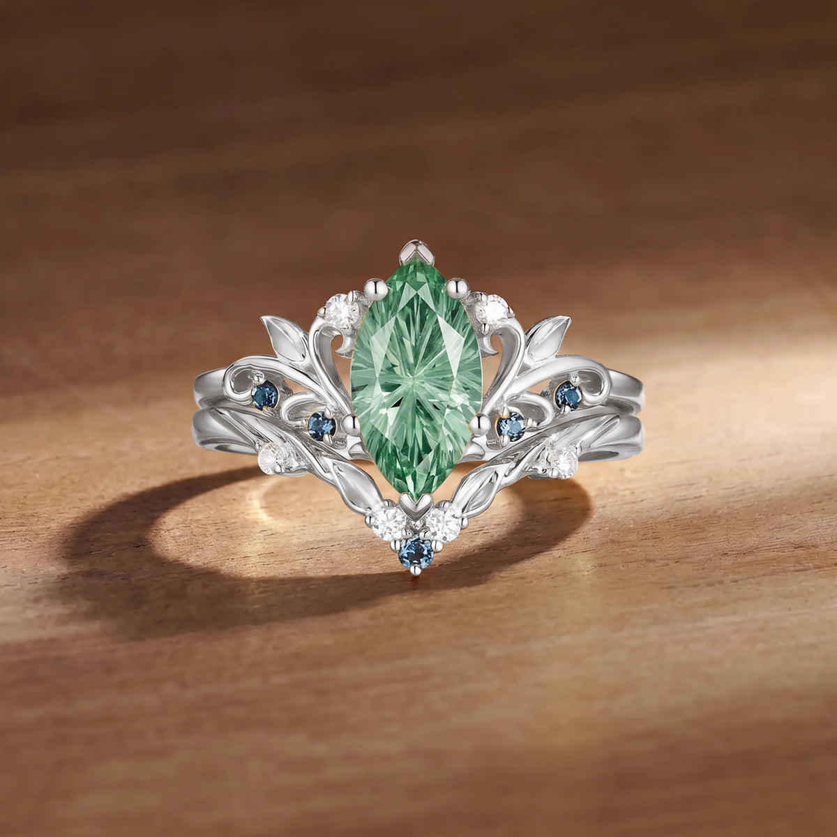 Radiant Fairy  Firework Cut Marquise Green Sapphire Leafy Bridal Set 2pcs - Liliosa