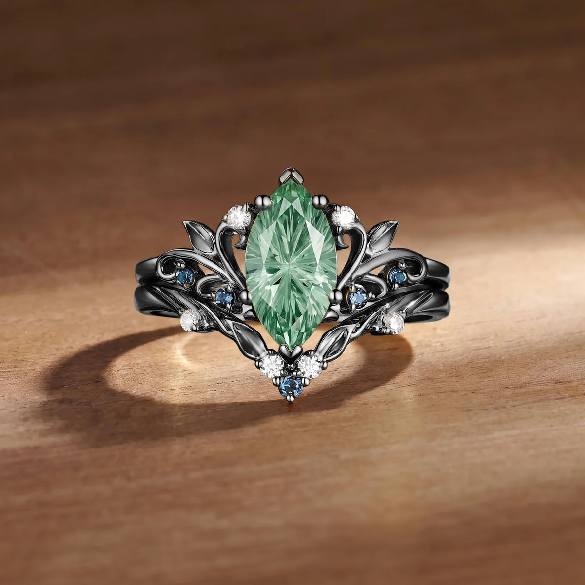 Radiant Fairy  Firework Cut Marquise Green Sapphire Leafy Bridal Set 2pcs - Liliosa
