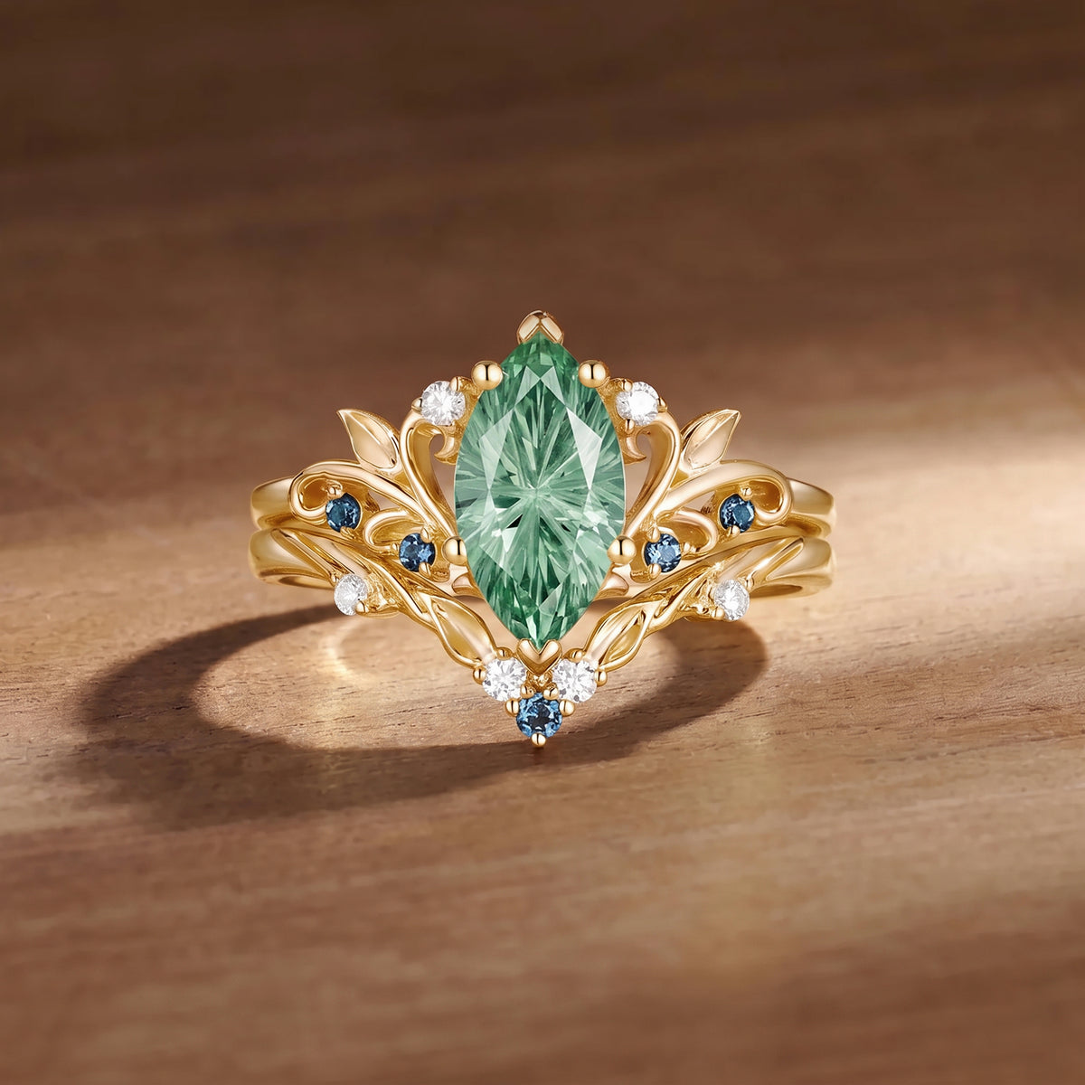 Radiant Fairy  Firework Cut Marquise Green Sapphire Leafy Bridal Set 2pcs - Liliosa