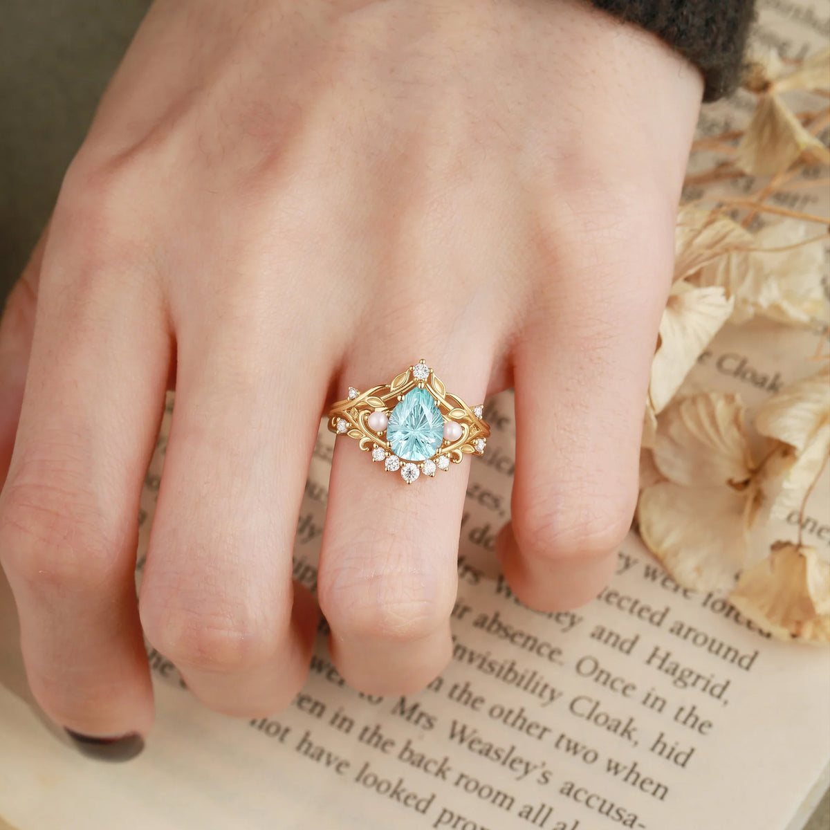 Filigree Fiary Pear Firework Cut Light Green Sapphire & Pearl Bridal Set 2pcs - Celestine