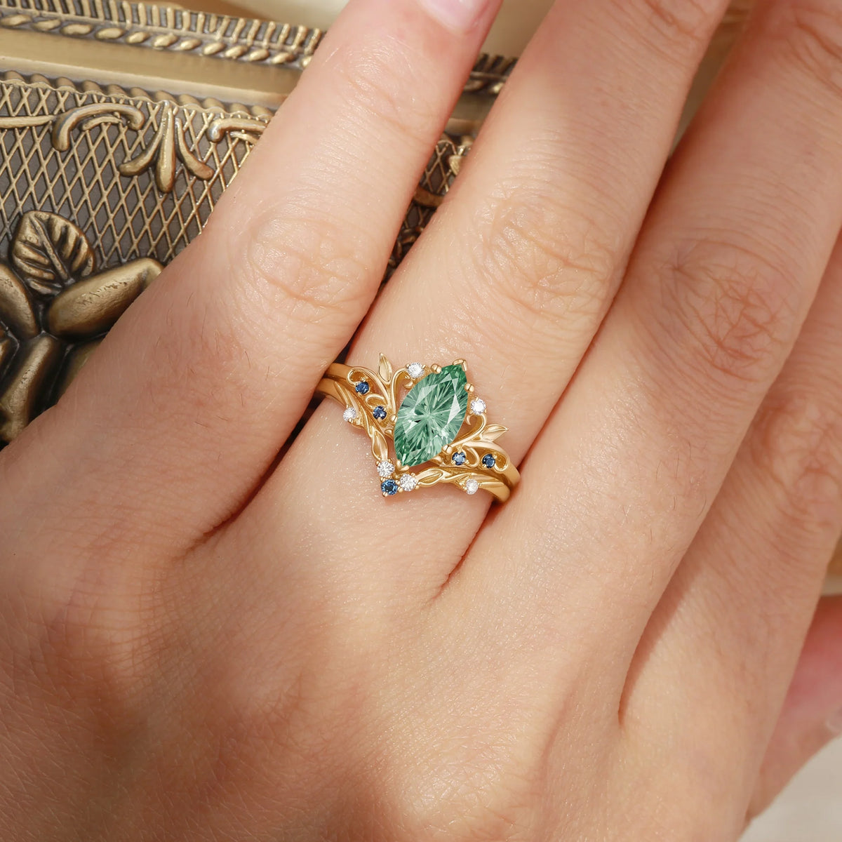 Radiant Fairy  Firework Cut Marquise Green Sapphire Leafy Bridal Set 2pcs - Liliosa