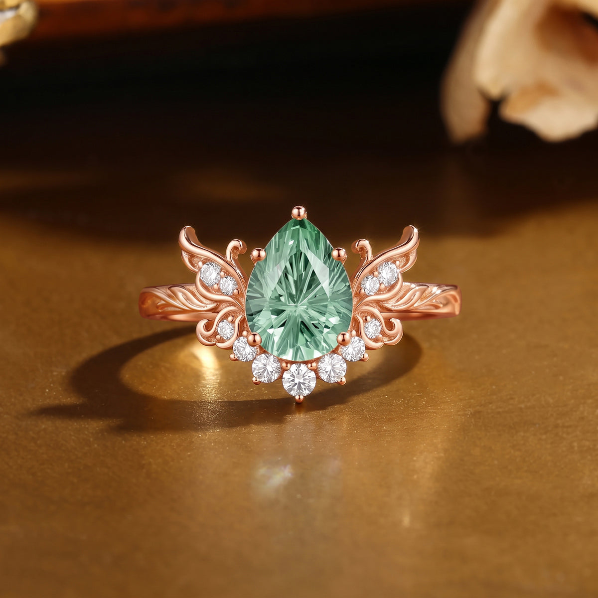 Forest Fairy Pear Firework Cut Green Sapphire Butterfly Engagement Ring - Fawn